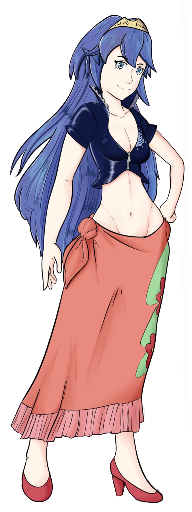 1girls alternative_costume blue_eyes blue_hair breasts cleavage cosplay crossover drokmars female female_only fire_emblem fire_emblem_awakening high_resolution jewelry looking_at_viewer lucina_(fire_emblem) medium_breasts midriff navel nico_robin_(cosplay) nintendo no_bra no_panties no_underwear nude_underneath one_piece revealing_clothes sarong shirt solo tiara unzipped zipper