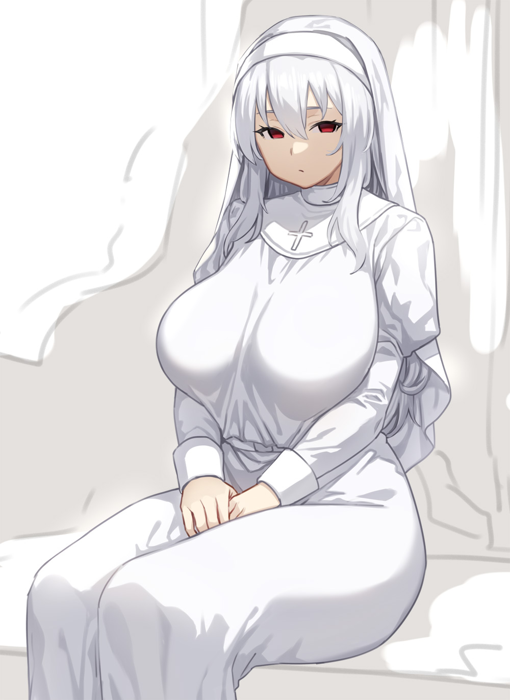 1girls, ass, big ass, big breasts, breasts, female, female only, fully clothed, houtengeki, looking at viewer, nun, red eyes, sitting, thick thighs, white clothing, white dress, white hair, wide hips