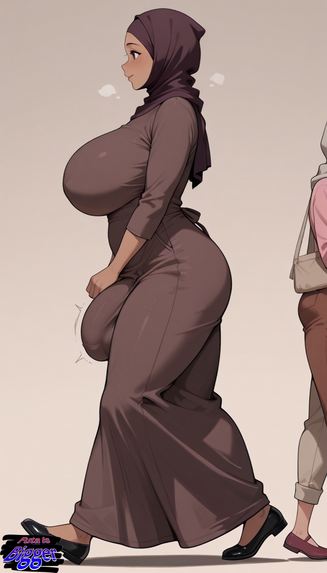 1futa, ai generated, big balls, big penis, bulge, bulge through clothing, flaccid, futanari, hijab, large penis, saggy balls, side view, walking