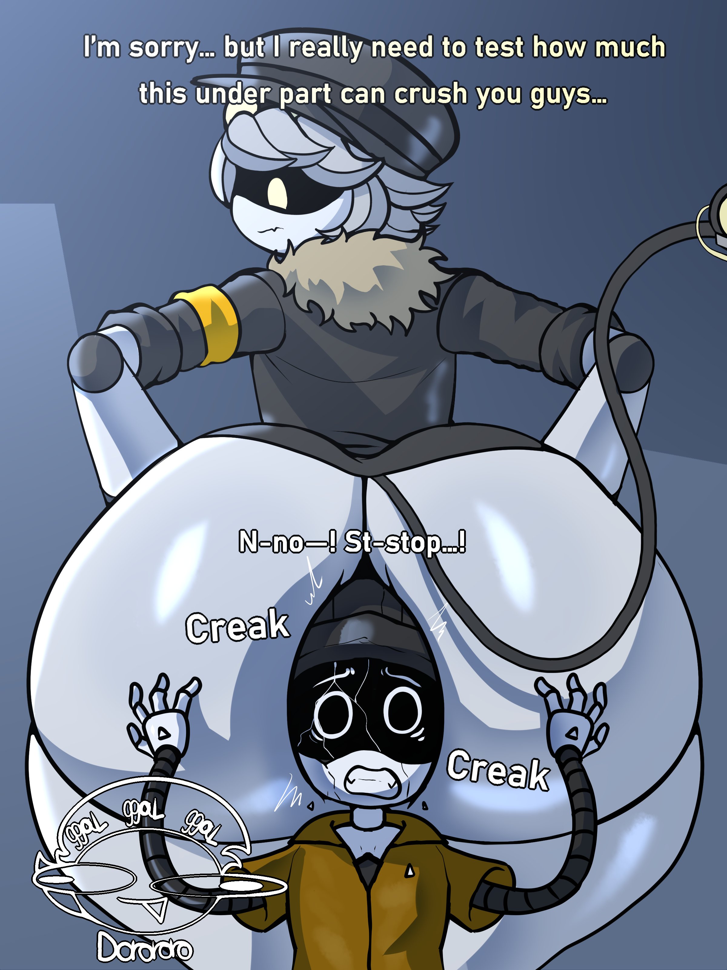 2boys, ass, babyhunt4, big ass, big butt, bottomless, butt, clenched teeth, da ra ra ra, fat ass, fat butt, glitch productions, hand on ass, hat, head crush, head crushing, huge ass, huge butt, hyper, hyper ass, impending death, impending doom, looking back, male, male only, murder drones, n (murder drones), onomatopoeia, robot, scared, snuff, tail, text, thick ass, thick butt, white eyes, white hair, yellow eyes