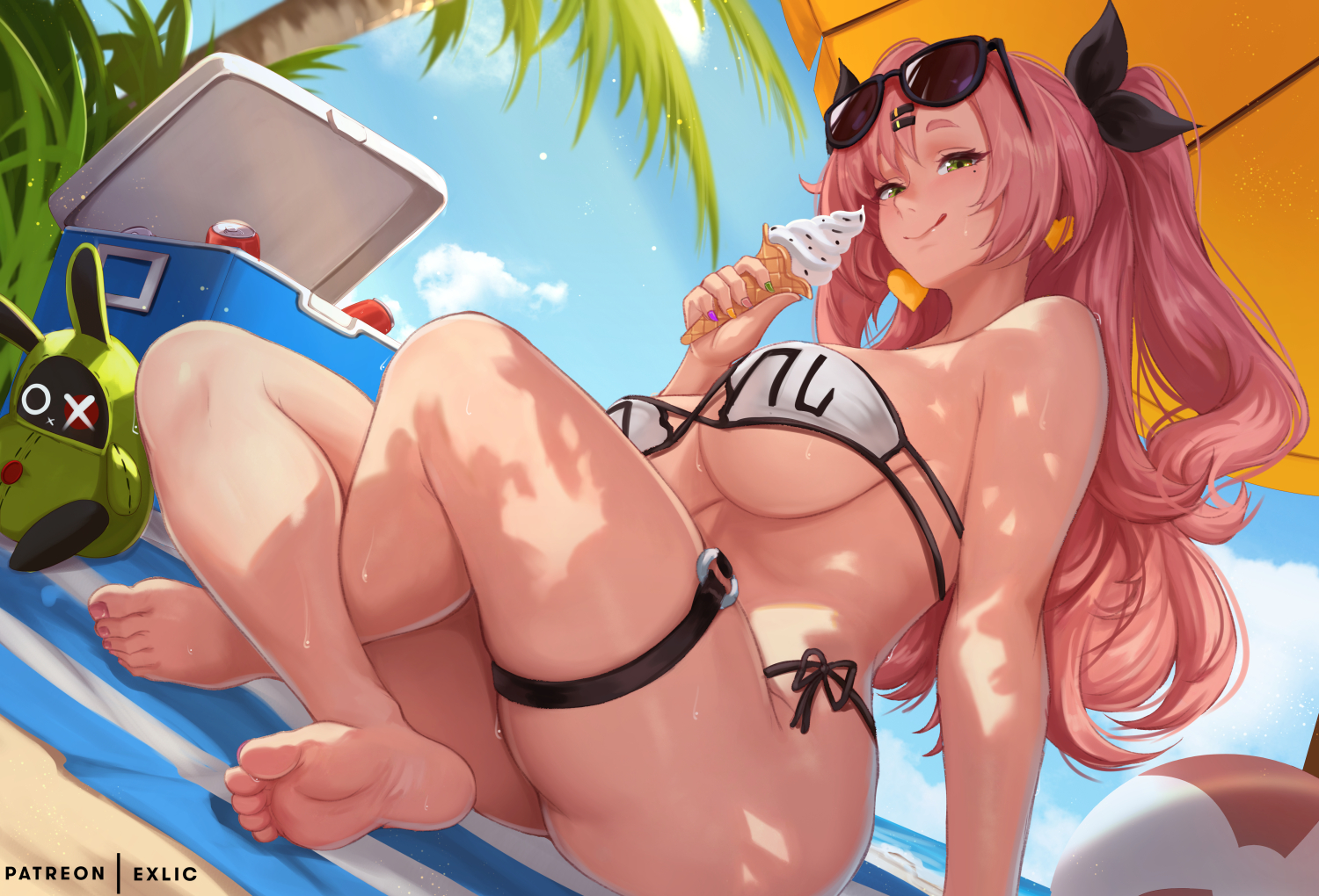 1girls, alternate version available, amillion (zenless zone zero), bangboo (zenless zone zero), barefoot, beach, big breasts, bikini, bikini bottom, bikini top, bottomwear, breasts, crossed legs, ear piercing, earrings, exlic, feet, female, female only, hair, hair ornament, hair ribbon, hairclip, headwear, heart earrings, holding object, ice cream, legs crossed, long hair, mole, mole under eye, multicolored nails, nail polish, nails, nicole demara, pink hair, ribbon, side-tie bikini, solo, solo female, sunglasses, sunglasses on head, sweat, sweatdrop, swimwear, thigh strap, tongue, tongue out, topwear, white bikini, zenless zone zero
