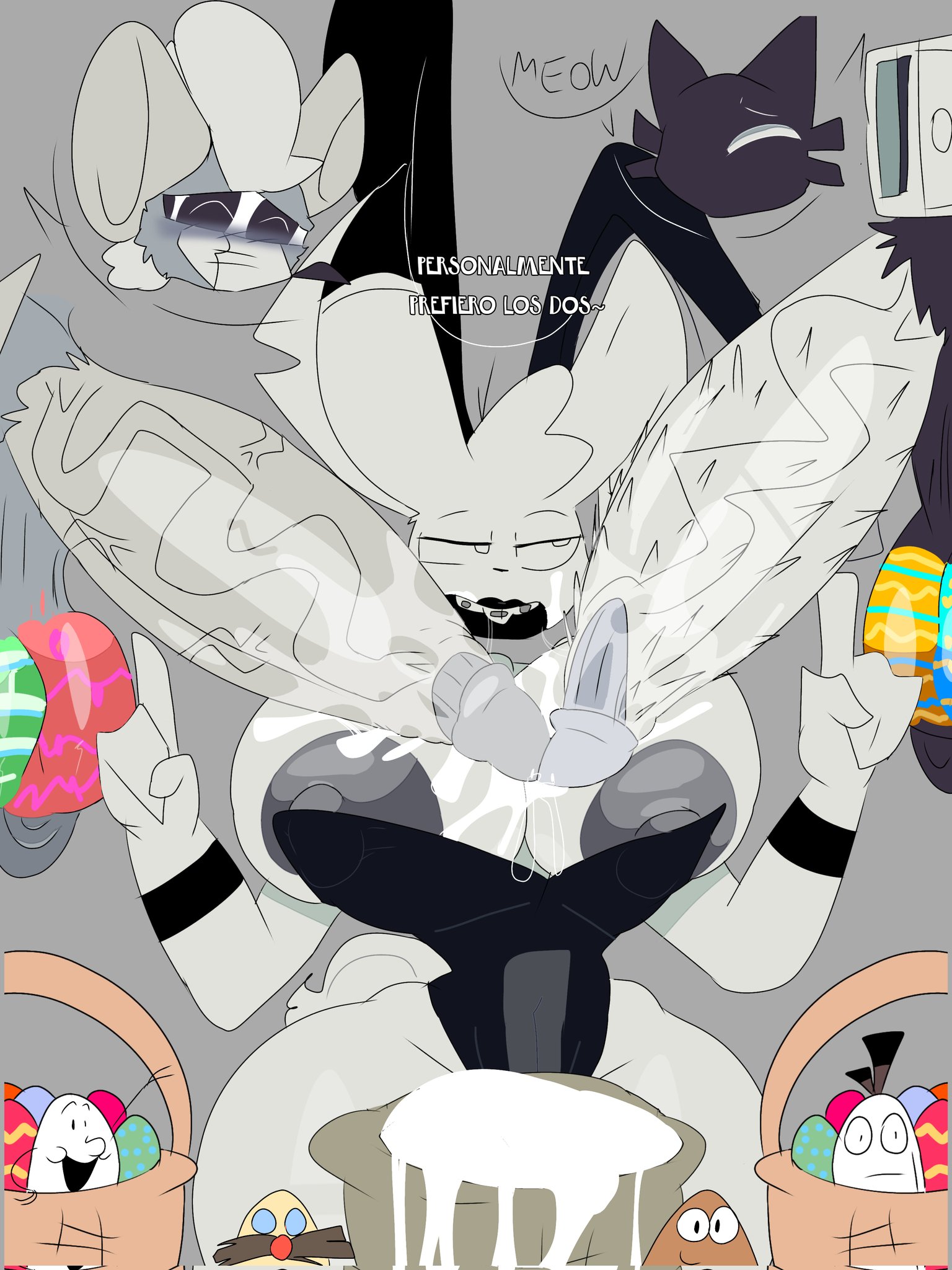 1girls, 2boys, big ass, big breasts, big dicks, cubbie (fundamental paper education), cum, dicks out, dicks touching, dr. eggman, dr. robotnik, easter, flumpty bumpty, fundamental paper education, huevocartoon, onaf, one night at flumpty's, painted balls, petunia (fundamental paper education), pou, pou (game), sonic (series), sonic the hedgedog (series), toto (huevocartoon), una pelicula de huevos, wannapossums