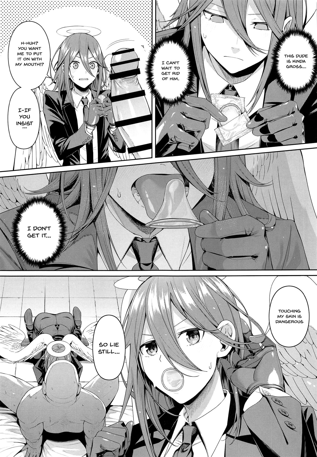 2boys, age difference, angel, angel devil (chainsaw man), arched back, blowjob, business suit, chainsaw man, chicke iii, clothed male nude male, comic, condom, condom mouth application, condom wrapper, devil, english text, erection, fat male, feathered wings, femboy, gay, girly, halo, huge cock, large penis, long hair, male, male only, older male, older male and younger male, open mouth, oral, penis, penis awe, prostitution, staring at penis, suit, sweat, sweatdrop, throbbing penis, tongue, tongue out, ugly bastard, wings, yaoi, young, younger male