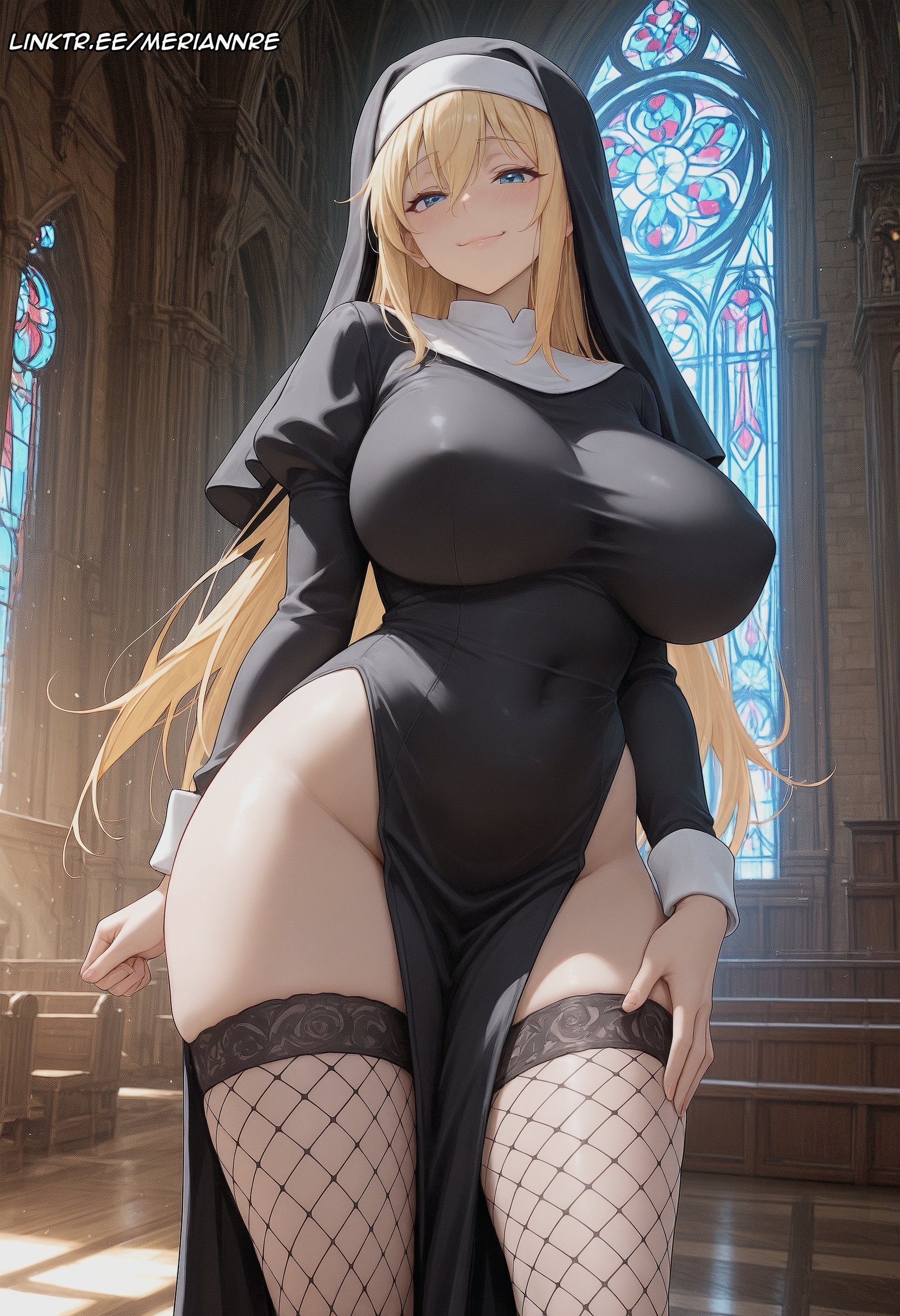 1girls, ai generated, big breasts, black dress, blonde hair, blue eyes, blush, breasts, breasts bigger than head, church, closed mouth, commission, covered navel, covered nipples, darkness (konosuba), dress, female, female only, fishnet thighhighs, fishnets, gener-ai, habit, hair between eyes, hand on own thigh, huge breasts, impossible clothes, indoors, juliet sleeves, kono subarashii sekai ni shukufuku wo!, large breasts, light-skinned female, long hair, long sleeves, looking at viewer, meriannre, no panties, nun, nun outfit, pelvic curtain, promotional art, puffy sleeves, request, skindentation, smile, solo, stained glass, standing, thighhighs, thighs