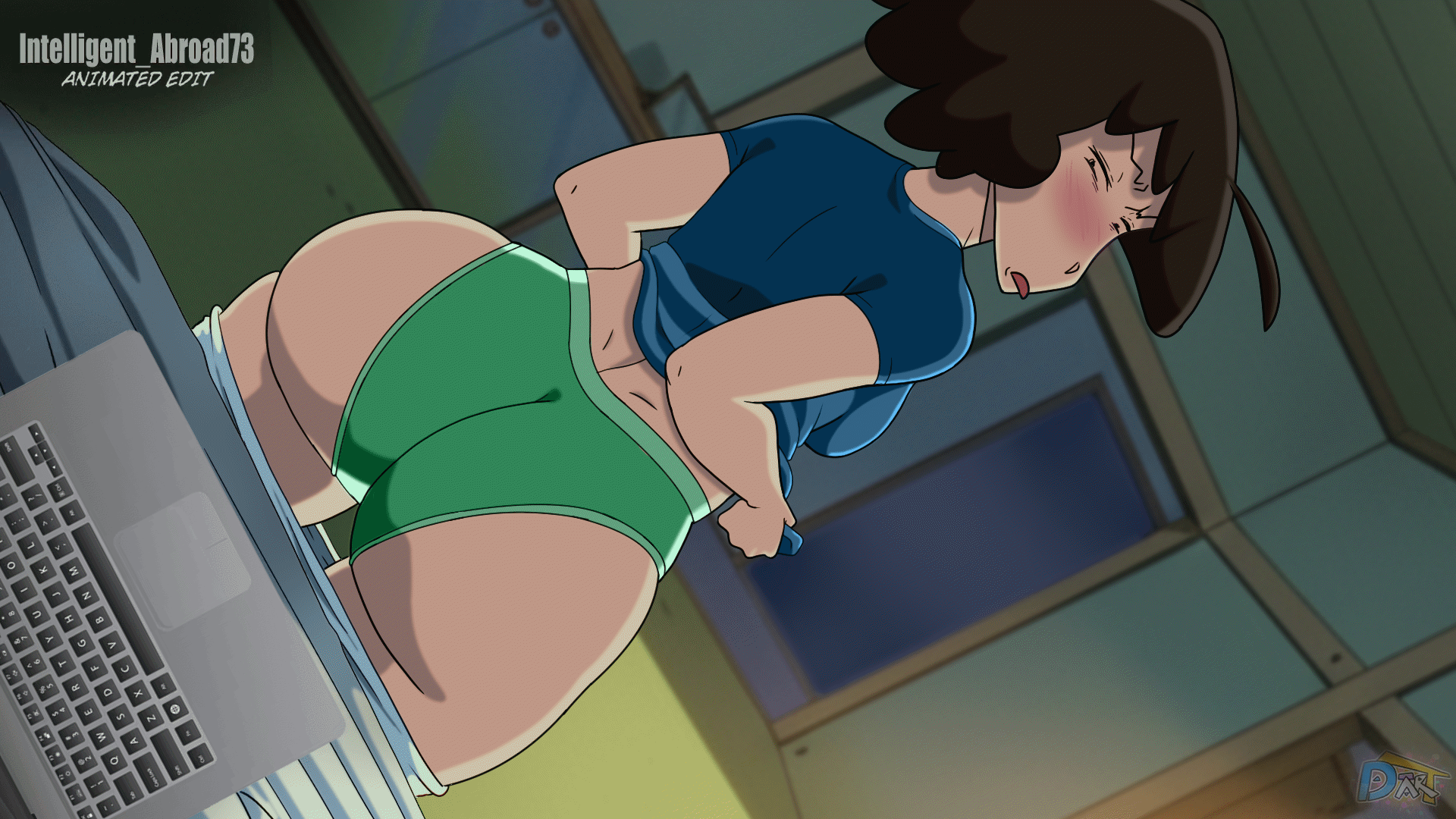 1girls, 2d, 2d animation, animated, bedroom, better parts of fucked up shit, big ass, blue clothing, blue shirt, blush, booty shorts, brown hair, camshow, clothed, clothing, color, computer, crayon shin-chan, d-art, disgusted, edit, electronics, fat ass, female, female focus, female only, green clothing, green shorts, human, intelligent abroad73, laptop, looking back, milf, misae nohara, object, pale skin, pants down, presenting hindquarters, shaking ass, shirt lift, solo, t-shirt