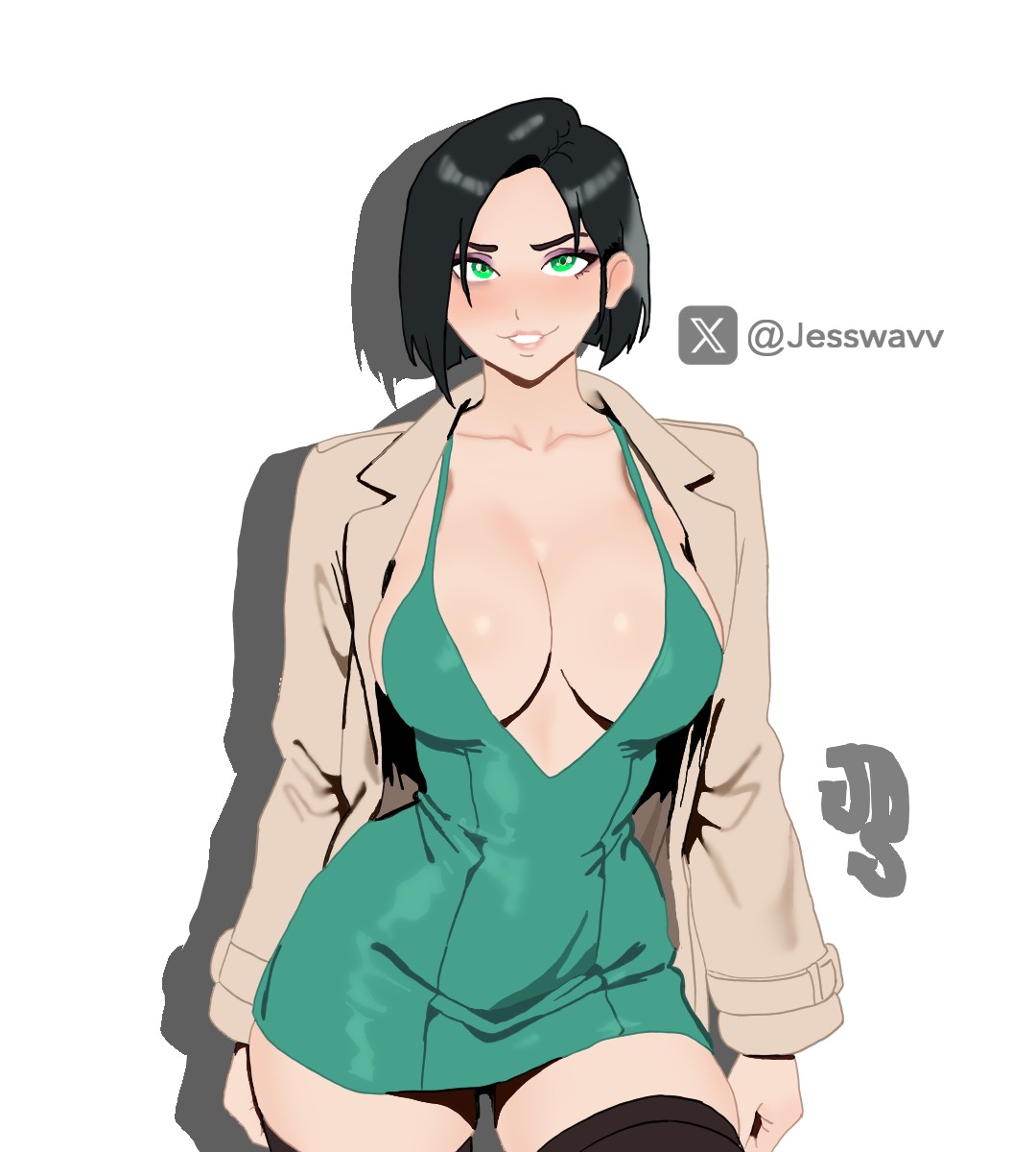 big breasts, black hair, digital media (artwork), dress, female, green eyes, jacket, jessdraws, short hair, smile, valorant, viper (valorant), white body