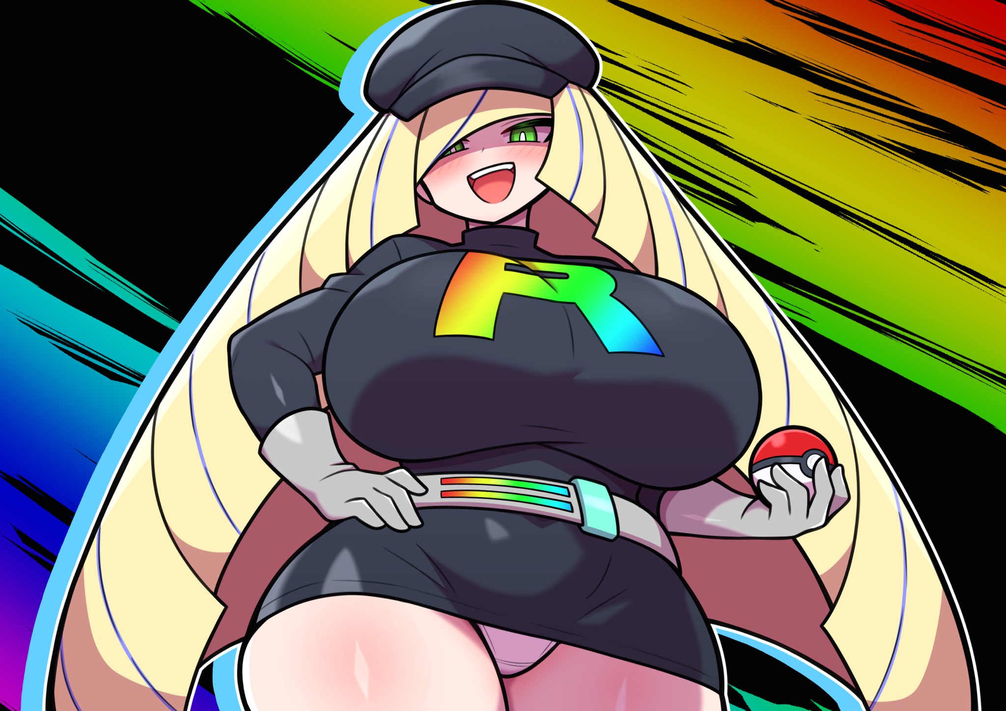 1girls, alternate version available, big breasts, blonde hair, breasts, corruption, cosplay, enemy conversion, female, female only, game freak, gloves, green eyes, hair, hair over one eye, handwear, hat, headwear, hips, holding object, holding poke ball, huge breasts, large breasts, long hair, lusamine (pokemon), mature, mature female, mature woman, milf, mother, panties, pencil skirt, pokeball, pokemon, pokemon sm, sigruku, skirt, solo, solo female, team rainbow rocket, team rocket (cosplay), team rocket uniform, textless, textless version, very long hair, white panties, wide hips