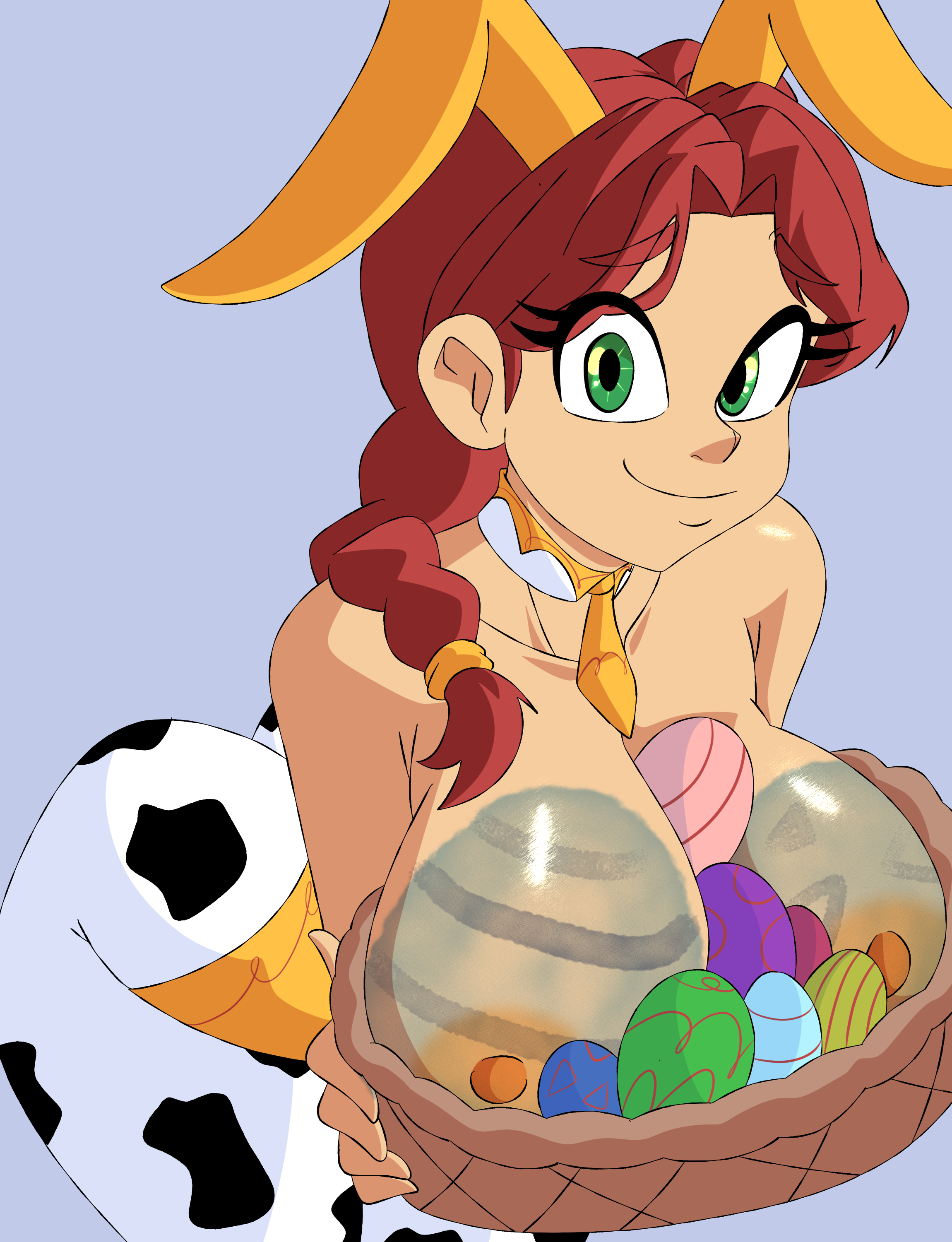 1girls, artlaccer (artist), ass, basket, bent over, big breasts, breasts, bunny ears, bunny girl, clothing, disney, easter, egg, eggs, enormous breasts, female, female only, green eyes, holding basket, huge breasts, human, human only, jessie (toy story), large breasts, light-skinned female, looking at viewer, mature, mature female, nipples, pixar, ponytail, red hair, smiling, smiling at viewer, solo, solo female, solo focus, toy story, voluptuous, voluptuous female