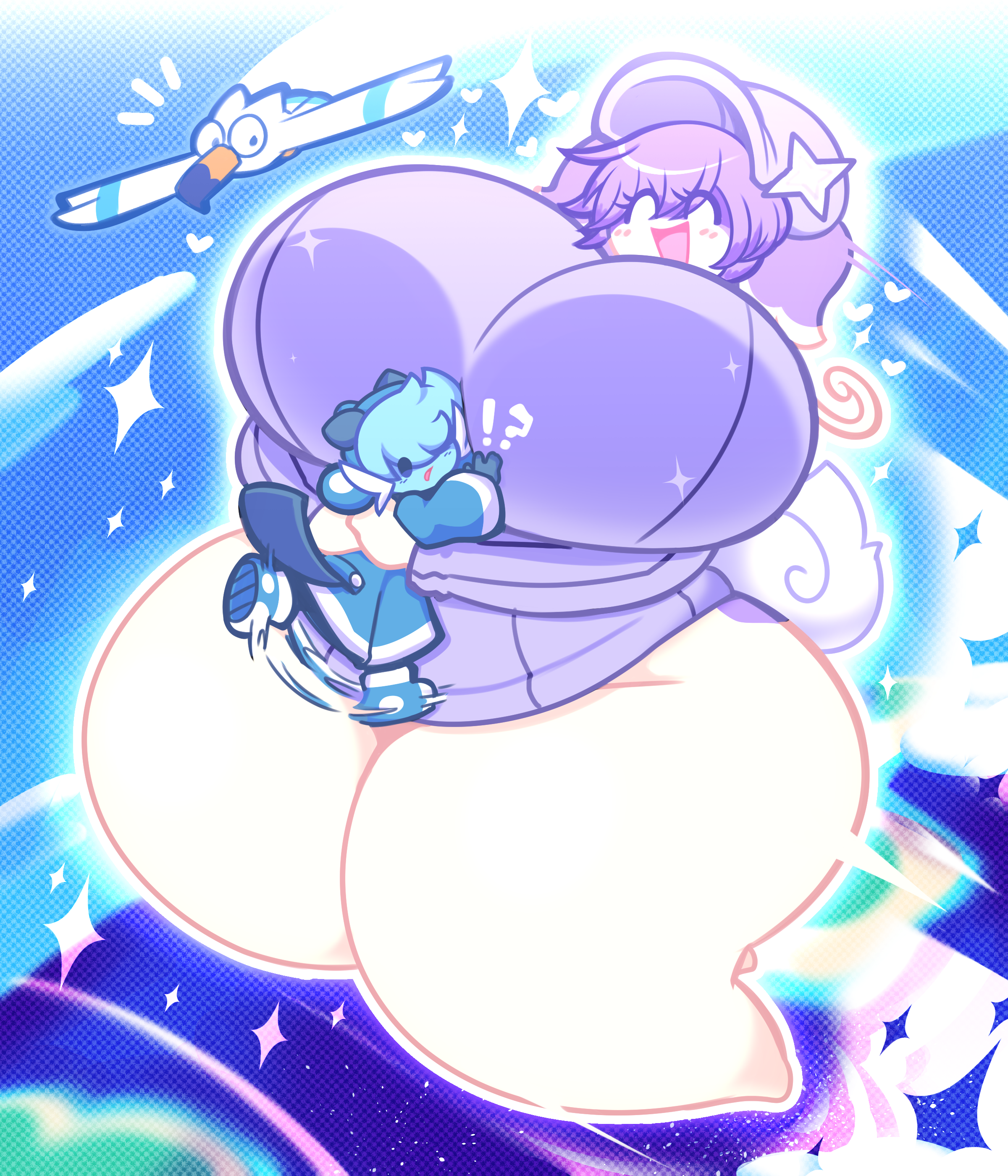 !?, 1boy, 1femboy, 1girl, 1girls, ass, audino, background, bare legs, bare thighs, bbw, beaver tail, belly, big ass, big belly, big breasts, big hips, big thighs, bigger female, blue fur, blue hair, breast grab, breast squish, breasts, breasts bigger than head, cap, chubby, chubby female, chubby legs, clothed, clothed male, clothing, confused, confusion, cute, dewbber, dewott, duo, exposed legs, fat, fat female, female, female/male, femboy, femboy with female, flying, fully clothed, gigantic breasts, hat, heart, heart symbol, hips, huge ass, huge belly, huge breasts, huge hips, huge thighs, hugging, hugging another, hyper, hyper breasts, hyper female, hyper hips, hyper thighs, in the air, in the sky, joyous, jumping, large ass, large belly, large breasts, large female, large hips, large thighs, large woman, larger female, male, male/female, naked legs, no feet, nub feet, overweight, overweight female, pokemon, pokemon (species), purple fur, purple hair, purple sweater, shiny, shiny audino, shiny pokemon, short, short hair, short male, shorter male, size difference, sky, small feet, smaller male, sneakers, speed lines, squish, squished breasts, stubby legs, sweater, sweater only, tall female, taller female, tan fur, thick, thick hips, thick legs, thick thighs, thighs, thunder thighs, thunderthighs, touching breast, tusks (dewbber), tusks the dewott, two-tone fur, whimsical, wholesome, wholesome hug, wide, wide hips, wide thighs