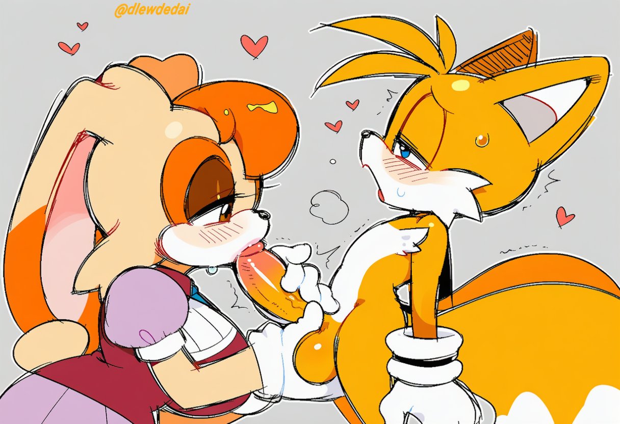 1boy, 1girls, ai assisted, ai generated, dlewdedai, fellatio, sonic (series), sonic the hedgehog (series), tails, tails the fox, vanilla the rabbit
