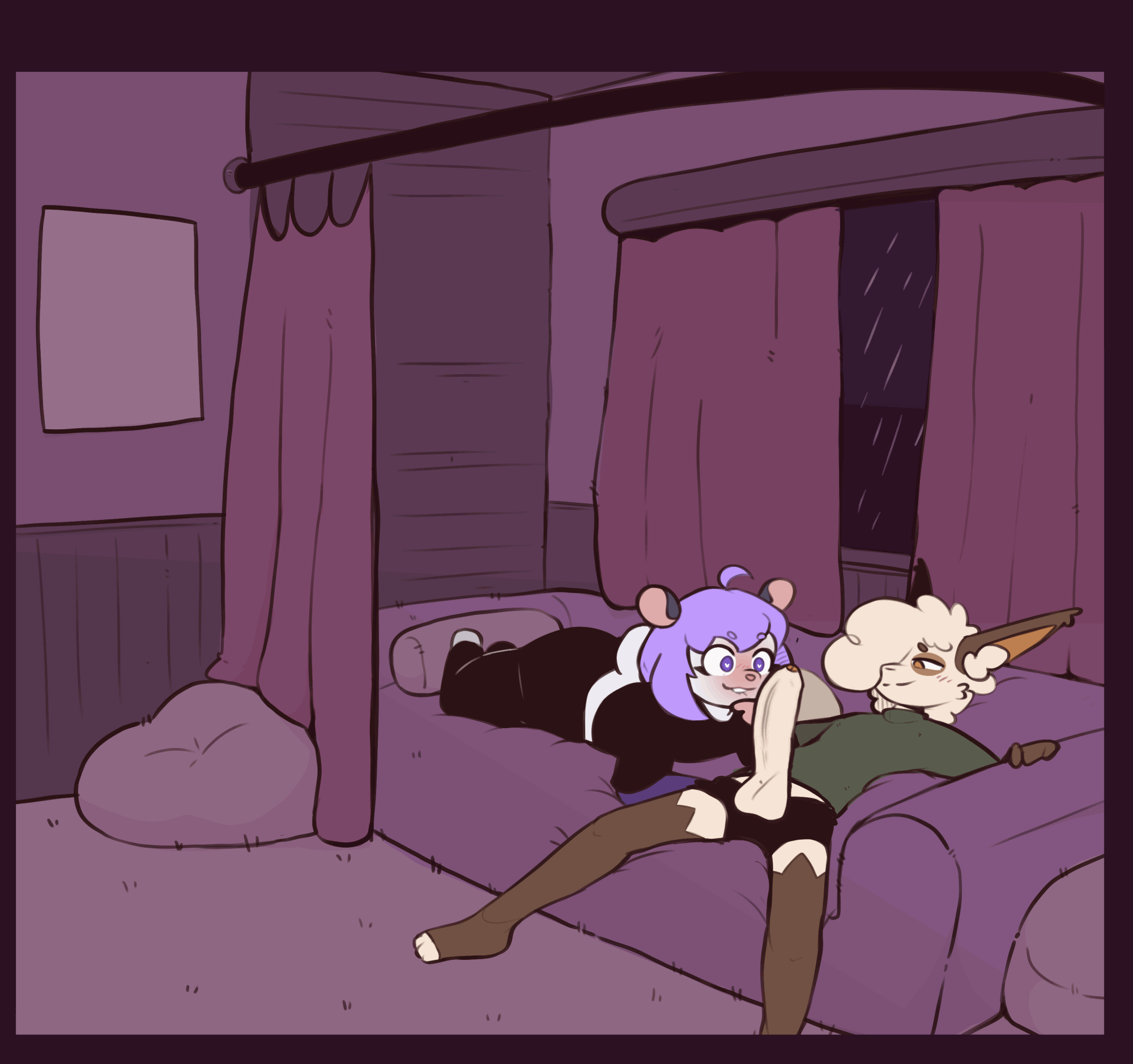 anal, animated, anthro, anus, ass, ass up, balls, bean bag, big butt, big penis, black ears, blush, bodily fluids, bottomless, bottomwear, bouncing balls, bouncing butt, brown body, brown ears, brown fur, butt heart, clothed, clothing, cowgirl position, cricetid, deep throat, divu (divucup), divucup, doggy style, donnie (yoko arika), drooling, duo, from behind position, from front position, fur, genitals, hair, hair over eye, hamster, hand on head, hand on leg, heart eyes, heart symbol, hi res, male, male/male, mammal, nude, on bottom, on top, oral, oral penetration, pants, partially clothed, penetration, penis, purple hair, reverse cowgirl position, rodent, saliva, sex, tan body, tan fur, throbbing, throbbing penis, underwear, white body, white fur, yoga pants