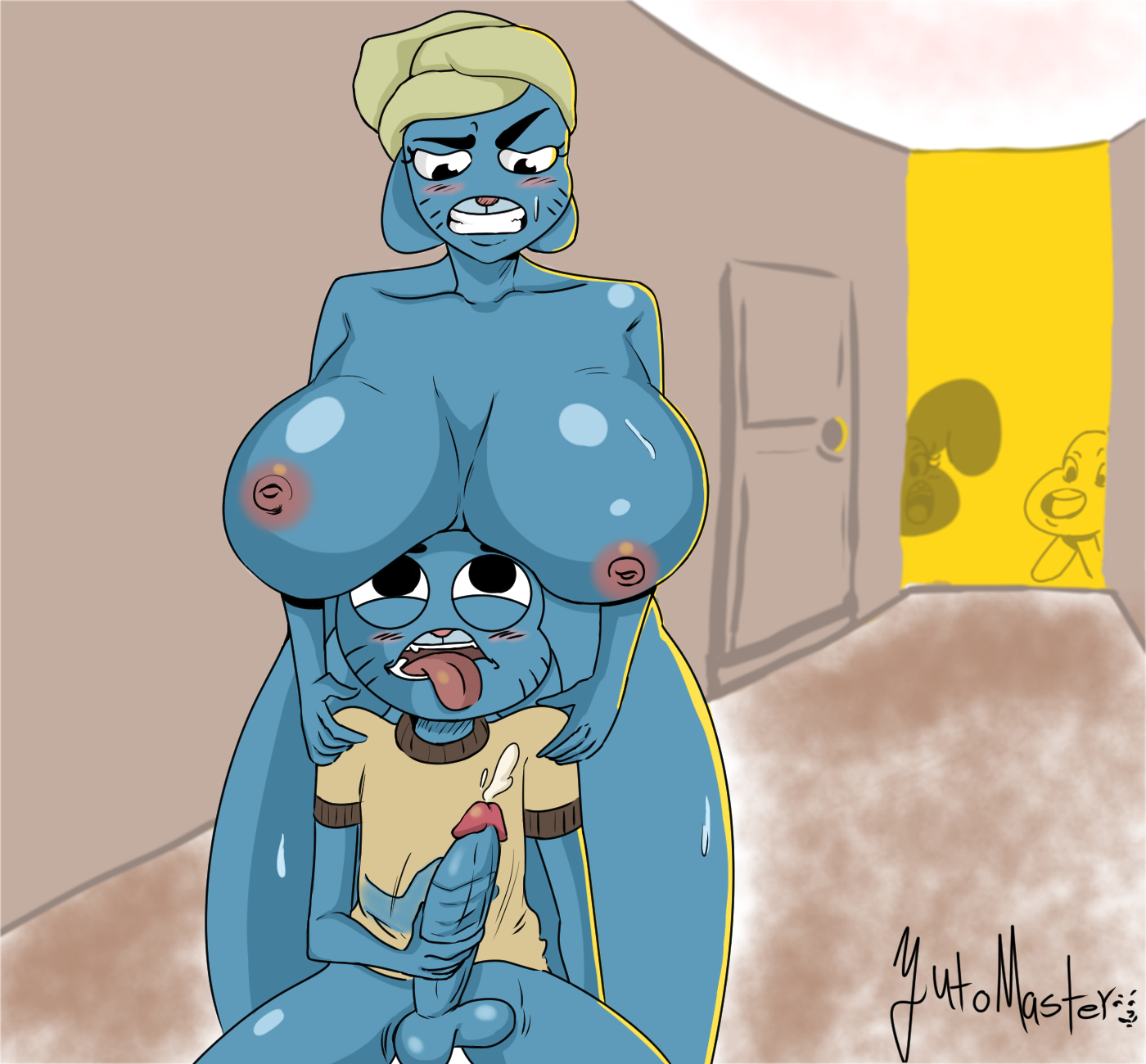 alternate breast size, big breasts, blue skin, blush, breasts, breasts on head, cartoon network, domestic cat, female, gumball watterson, handjob, huge breasts, male, mother and son, nicole watterson, open mouth, penis, precum, red glans, simple background, the amazing world of gumball, yutomaster