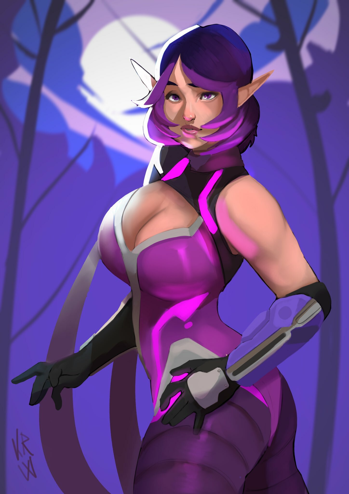 1girls alternate_costume big_breasts breasts cleavage clothed curvy elf female_focus female_only hi-rez_studios korwuarts looking_at_viewer medium_hair paladins pointy_ears purple_hair revealing_clothes skye_(paladins) solo twilight_skye wide_hips