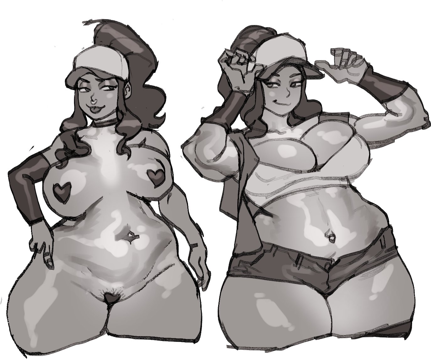 1girls, ass, bbw, belly, belly button, big ass, big breasts, big hips, breasts, busty, chubby, curvy, female, hat, hilda (pokemon), huge ass, huge thighs, mostly nude, nintendo, nose ring, pasties, pokemon, short shorts, shorts, smile, smug, thick thighs, tod0231, tongue, tongue out, venus body, voluptuous, wide hips
