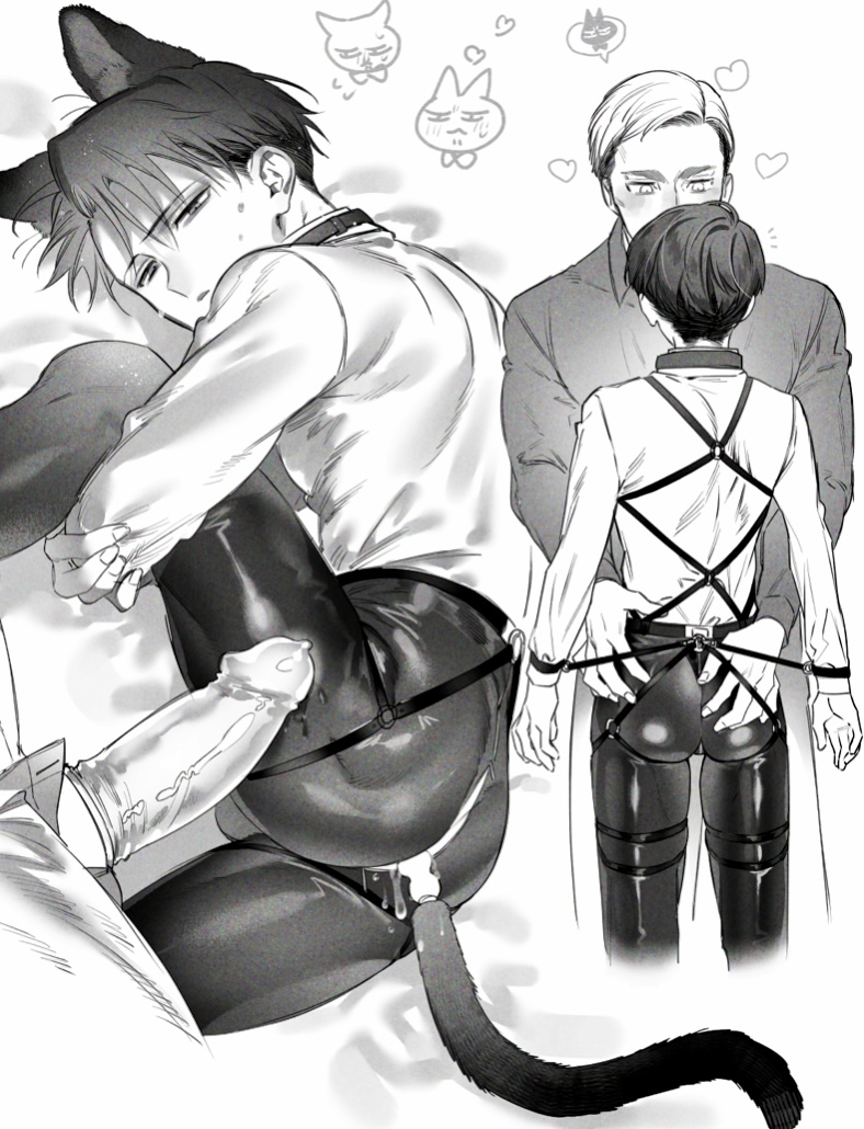 2boys, anal plug, ass, attack on titan, black and white, bodily fluids, body harness, buttplug, buttplug tail, cat boy, cat ears, cat tail, cat tail buttplug, catboy, clothed, clothing, condom, erwin smith, gay, genital fluids, genitals, hand on ass, harness, levi, levi ackerman, male, male/male, multiple boys, multiple males, penis, penis out, precum, shingeki no kyojin, yaoi