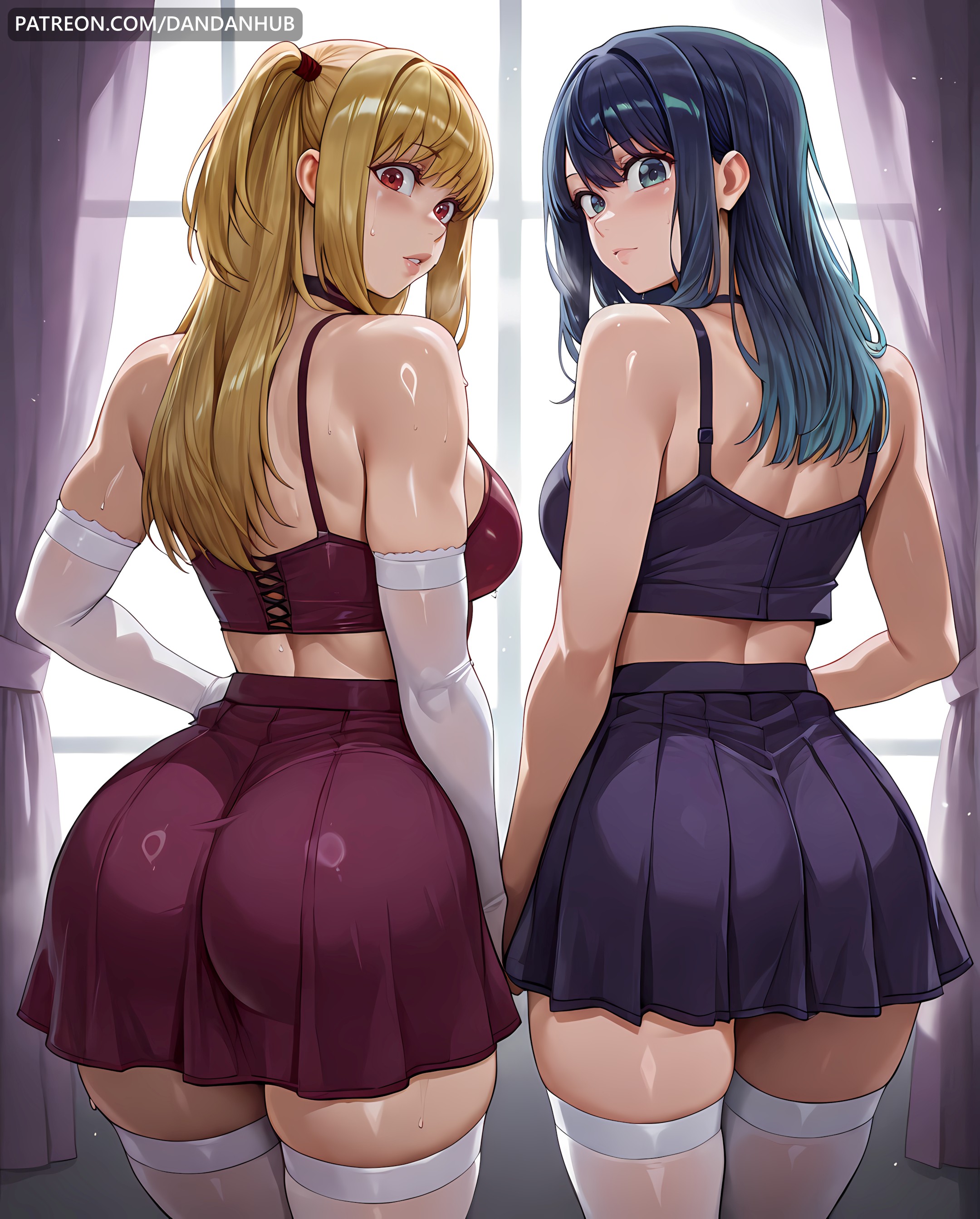 2girls, ai generated, amane misa, ass, back, bangs, bare shoulders, blonde hair, blue eyes, blue hair, blue skirt, blush, breasts, choker, closed mouth, curtains, dandanhub, death note, elbow gloves, female, female only, from behind, gloves, indoors, kurokawa akane, large breasts, long hair, looking at viewer, looking back, misa amane, multiple girls, oshi no ko, parted lips, pleated skirt, purple skirt, red eyes, skindentation, skirt, sweat, thighhighs, white gloves, window
