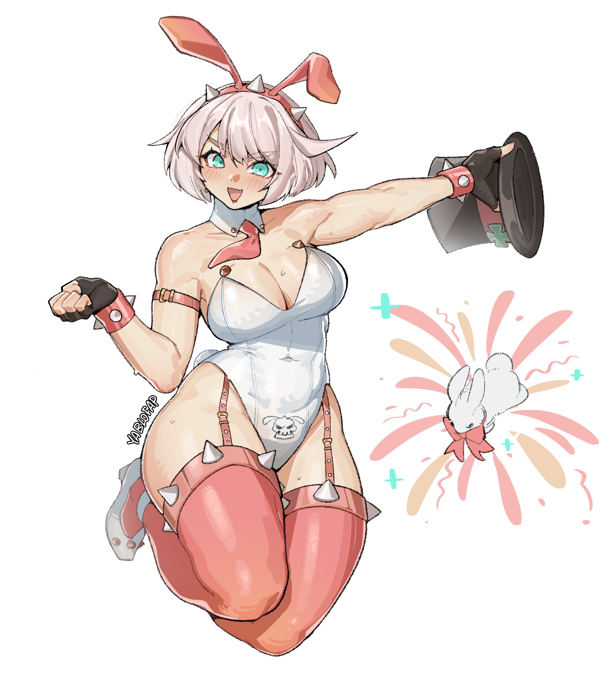animal ears, bare shoulders, black gloves, blue eyes, blunt bangs, blush, breasts, clothing, detached collar, elphelt valentine, fake animal ears, female, female only, fingerless gloves, garter straps, gloves, guilty gear, guilty gear strive, hair between eyes, hat, highres, holding, large breasts, leotard, looking at viewer, navel, necktie, open mouth, pink necktie, pink thighhighs, rabbit, rabbit ears, shoes, solo, spiked headband, spiked thighhighs, sweat, thighhighs, top hat, white hair, white leotard, white shoes, yablofap