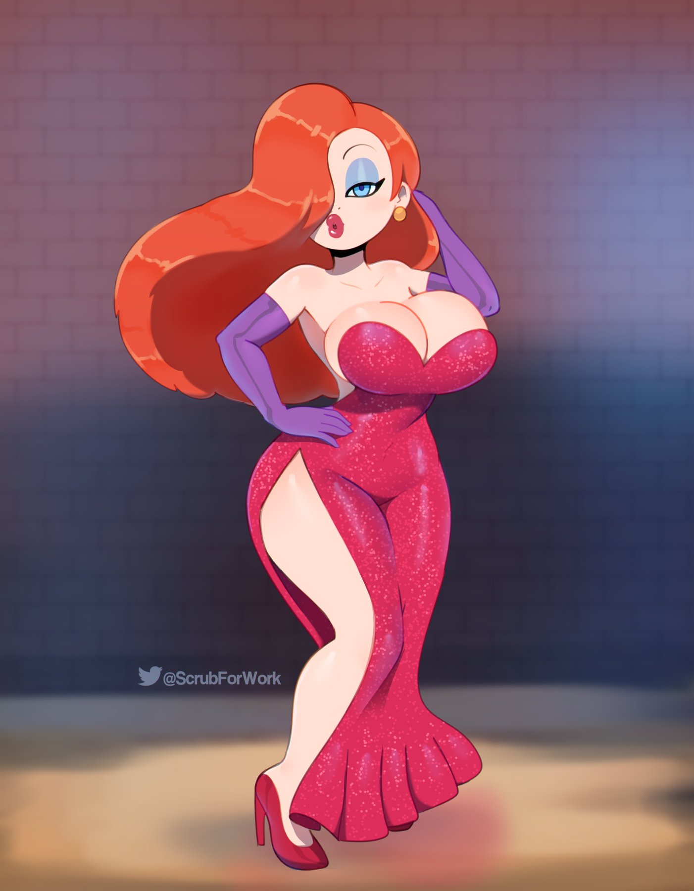 1girls, breasts, cleavage, disney, female, female only, huge breasts, jessica rabbit, solo, somescrub, thick thighs, who framed roger rabbit, wide hips