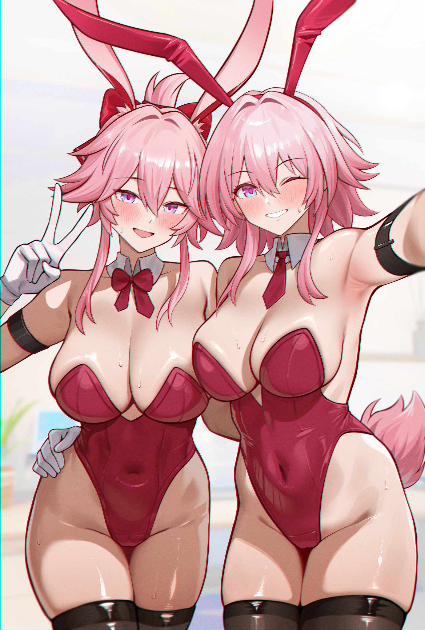 2girls, animal ears, big breasts, blue eyes, bonz (bonz0616), bonz0616, breasts, bunny ears, bunnysuit, evanescia (honkai: star rail), exposed breasts, female, honkai (series), honkai: star rail, hoyoverse, long hair, march 7th (honkai: star rail), mihoyo, pink hair, rabbit ears, red bunny ears, red bunnysuit