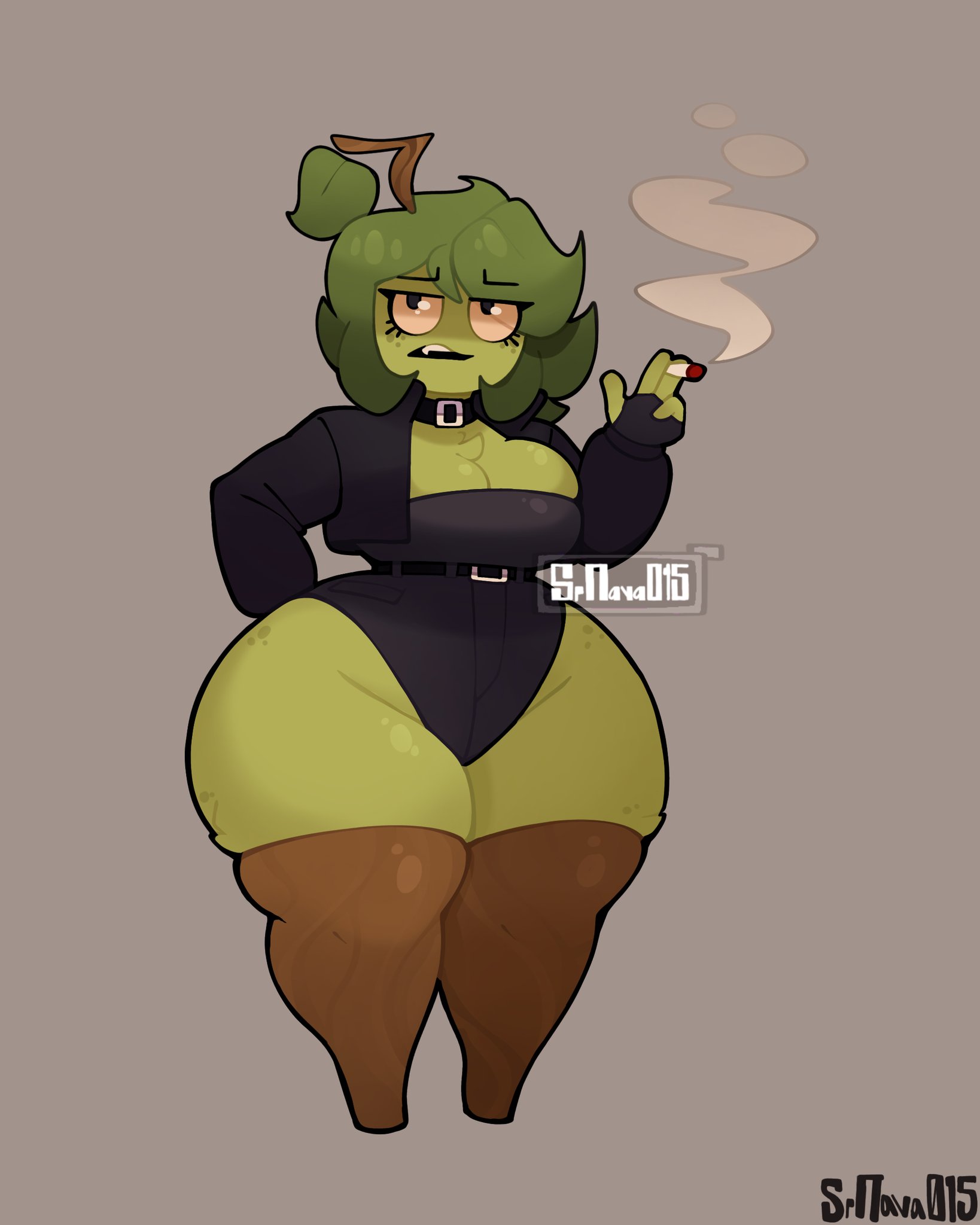 1girl, 1girls, artist logo, belt, belt around belly, belt buckle, big breasts, big thighs, branch, branch horn, cigarette, cigarette in hand, female, female focus, female only, furcorn, green fur, green hair, green skin, hand on ass, hand on hip, holding cigarette, holding object, huge thighs, jacket, jacket open, leaf, my singing monsters, overflowing thighs, push-up bra, shortstack, shortstack female, solo, solo female, srnava, tagme, thighhighs, thighs, thin waist, wide hips, wide thighs, wooden leg, wooden legs, yellow eyes