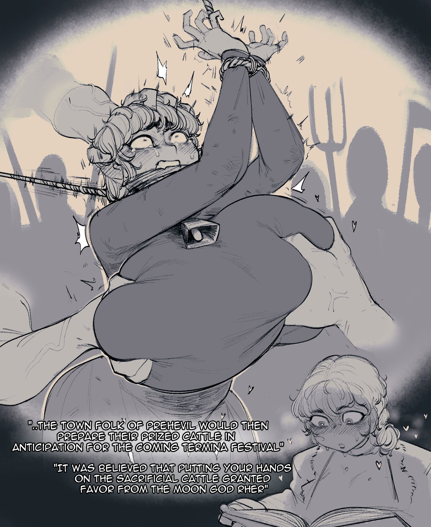 1girls, 2026, 2d, 2d (artwork), 2d artwork, 3boys, arms tied, arms tied above head, arms up, background character, big breasts, blush, blush lines, breasts bigger than head, child bearing hips, clothed, clothed female, clothing, collar, commentary, consensual non consent, cow bell, cow bell collar, cowbell, cowbell collar, crowd, crowd watching, crying, crying with eyes open, curvaceous, curvy, curvy body, curvy female, curvy figure, curvy hips, disembodied hand, dubious consent, english, english commentary, english text, fantasizing, fantasizing rape, fantasy, fear and hunger, fear and hunger: termina, female, female focus, fully clothed, gigantic breasts, greyscale, groping, groping breasts, happy sub, heart, heart symbol, hearts around head, hi res, highres, huge breasts, karin (fear and hunger), krekk0v, large breasts, leash, leash and collar, leash pull, leashed collar, male, male/female, monochrome, muscles, muscular, muscular arms, muscular male, questionable consent, rape fantasy, rape fetish, reading, reading book, restrained, restrained arms, restraints, ritual, rope, rope around neck, rope harness, straight, tear, tearing up, tears, text, thick, thick hips, thick thighs, thighs, tied, tied hands, tied up, vein, veins, veiny, veiny arms, veiny muscles, voluptuous, voluptuous female, wide hips
