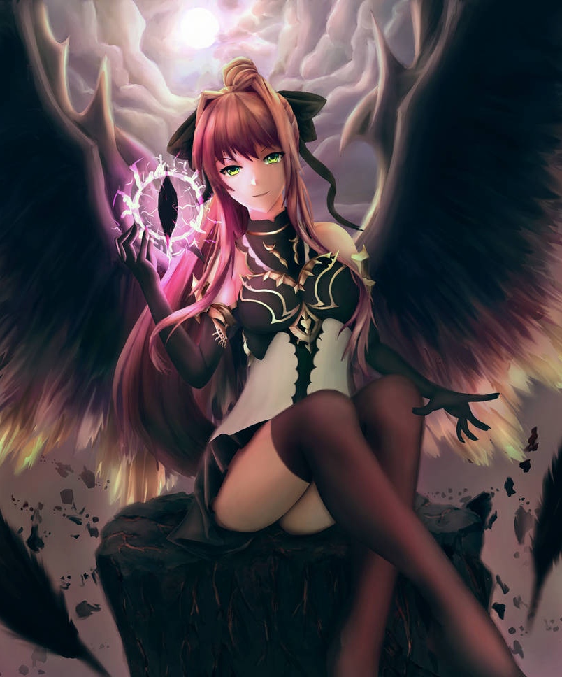 breasts, doki doki literature club, female, female only, gloves, green eyes, hourglass figure, medium breasts, monika (doki doki literature club), thighhighs