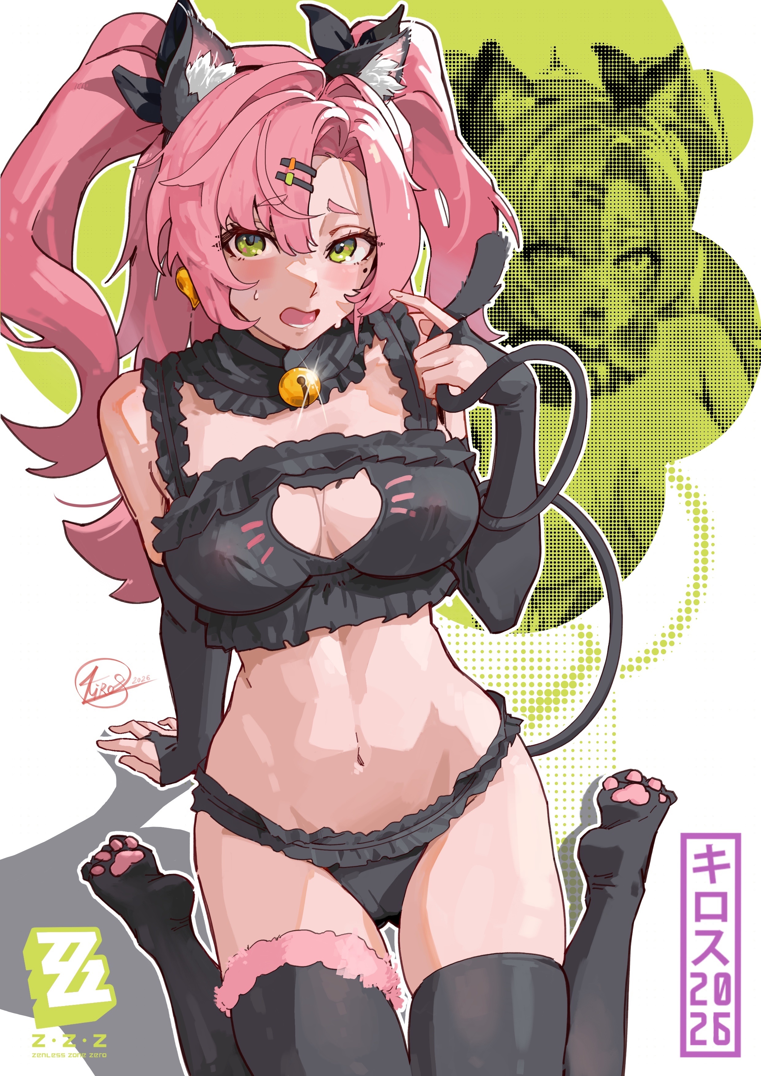 blush, cat ears, catgirl, embarrassed, from above, green eyes, kirostemple, nicole demara, open mouth, pink hair, sitting, tagme, thighhighs, twintails, zenless zone zero