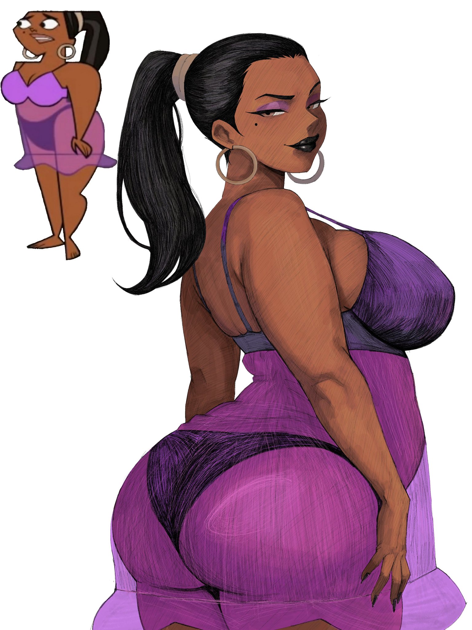 1girls, 2026, 2d, 2d (artwork), ass, big ass, big breasts, black hair, black nails, bra, breasts, chubby, chubby female, color, dark skin, dark-skinned female, earrings, eyeshadow, fat ass, female, female focus, female only, hex mamaniac, hi res, highres, hoop earrings, huge ass, huge breasts, large ass, leshawna (tdi), lipstick, looking at viewer, makeup, mole, nail polish, panties, ponytail, seductive look, thick, thick thighs, total drama island, underwear, voluptuous, voluptuous female, white background