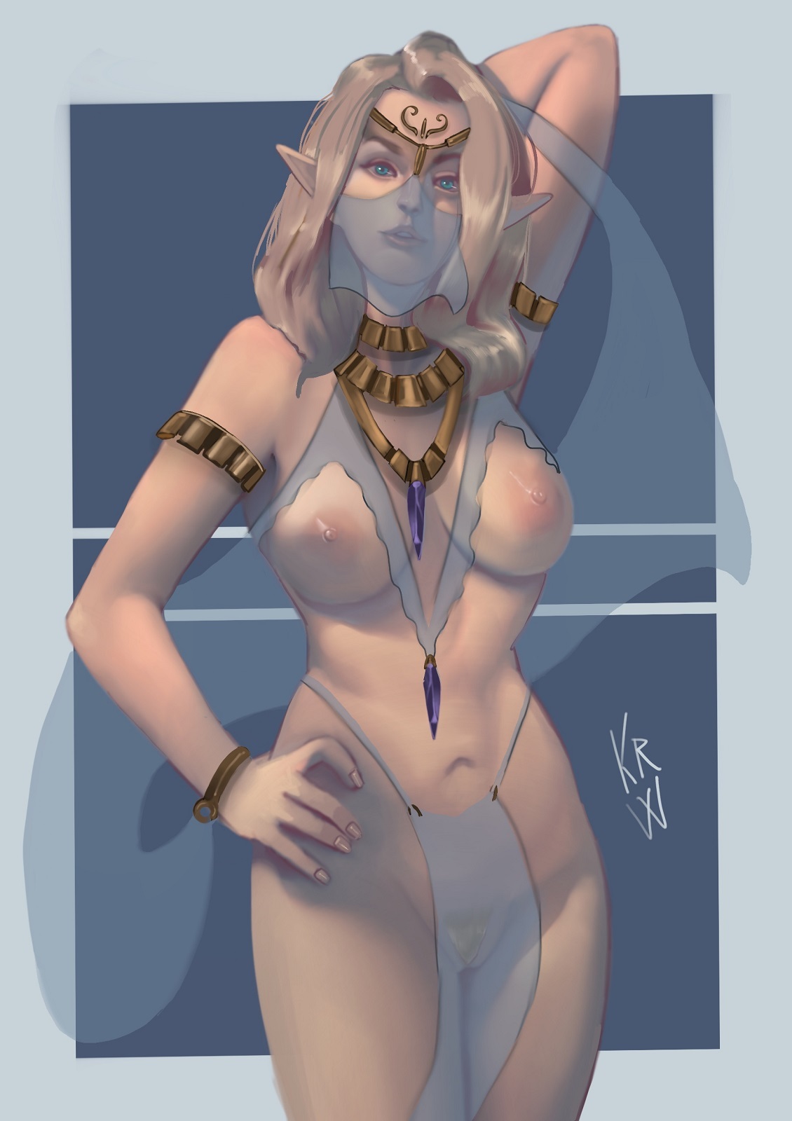 1girls, big breasts, blonde hair, blue eyes, breasts, clothed, clothing, elf, female, female focus, female only, korwuarts, long hair, looking at viewer, nipples, pointy ears, pubic hair, revealing clothes, simple background