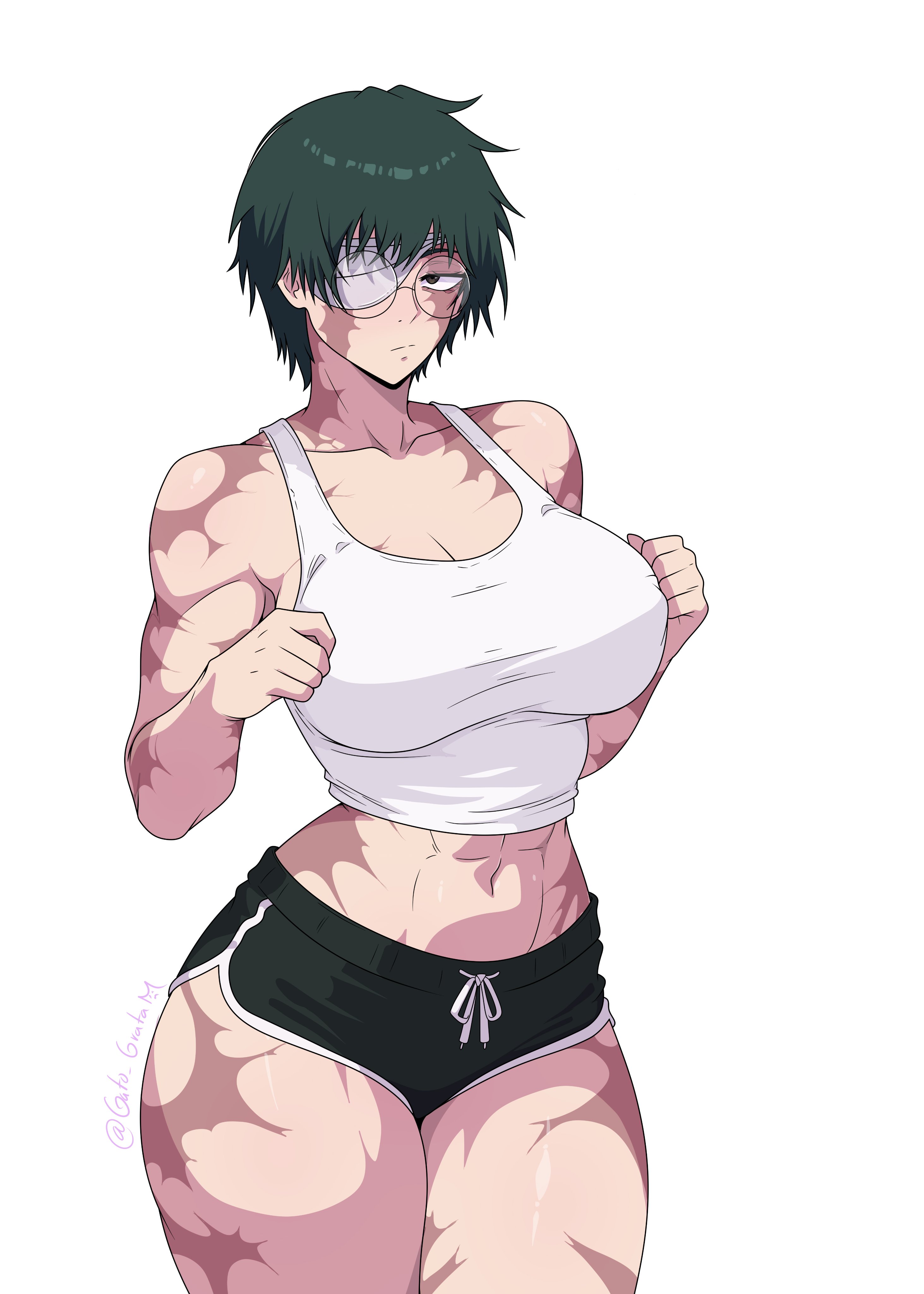 big breasts, curvy, curvy female, female, female only, gato gratam, glasses, green hair, jujutsu kaisen, scars all over, simple background, thick thighs, white background, wide hips, zenin maki