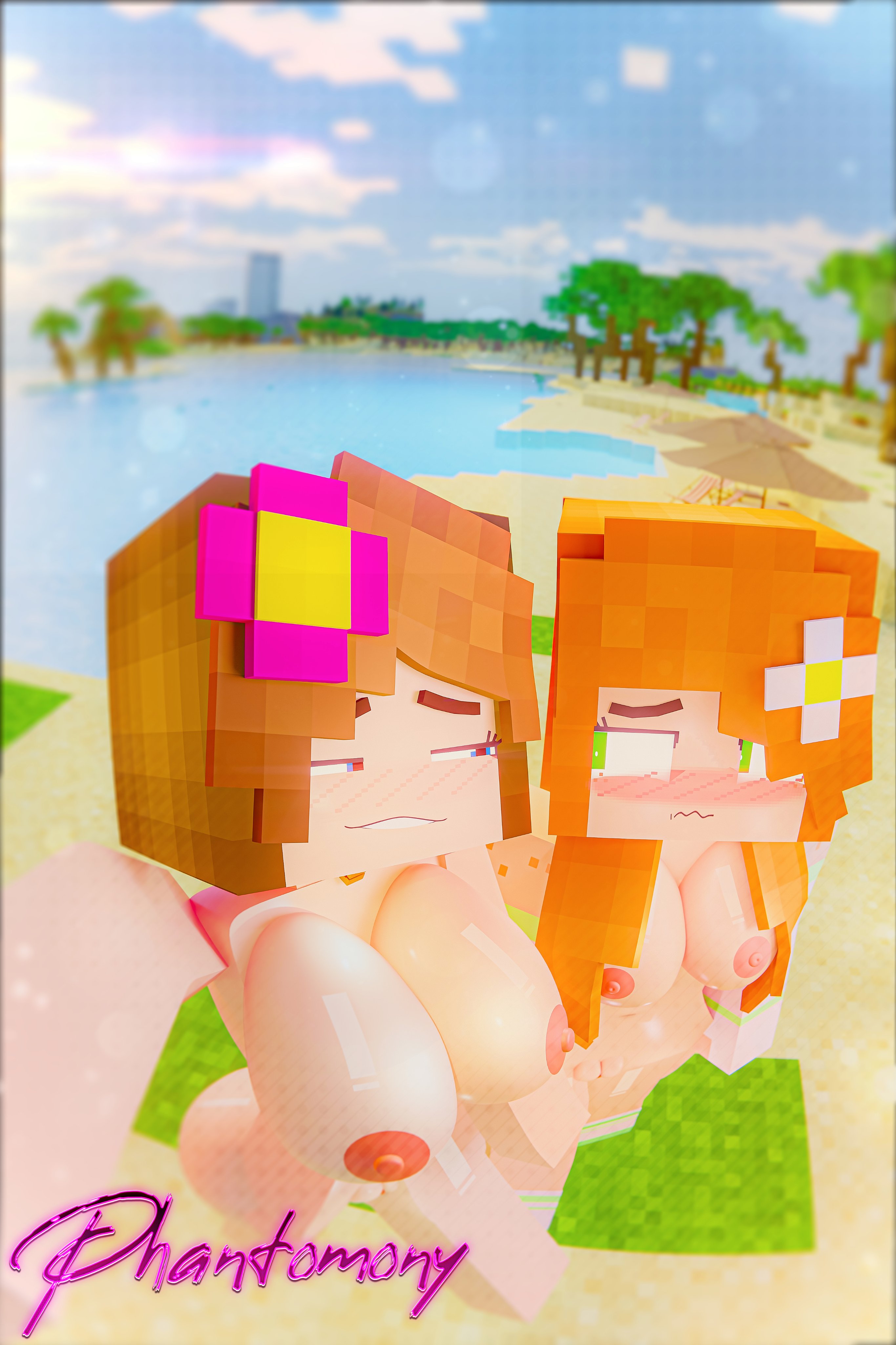 2girls, 3d, 3d (artwork), amber green (slipperyt), areola, areolae, artist signature, ass, beach, beach towel, big breasts, blue eyes, blush, breasts, brown hair, choker, collar, embarrassed, embarrassed nude female, flower, flower in hair, functionally nude, gloves, green eyes, hair, hair ornament, hairclip, jenny belle (slipperyt), long hair, minecraft, naked, naked female, necklace, nipples, nude, nude female, phantomony, pussy, red hair, short hair, socks, thick ass, thick thighs, thighs, towel, trees, water
