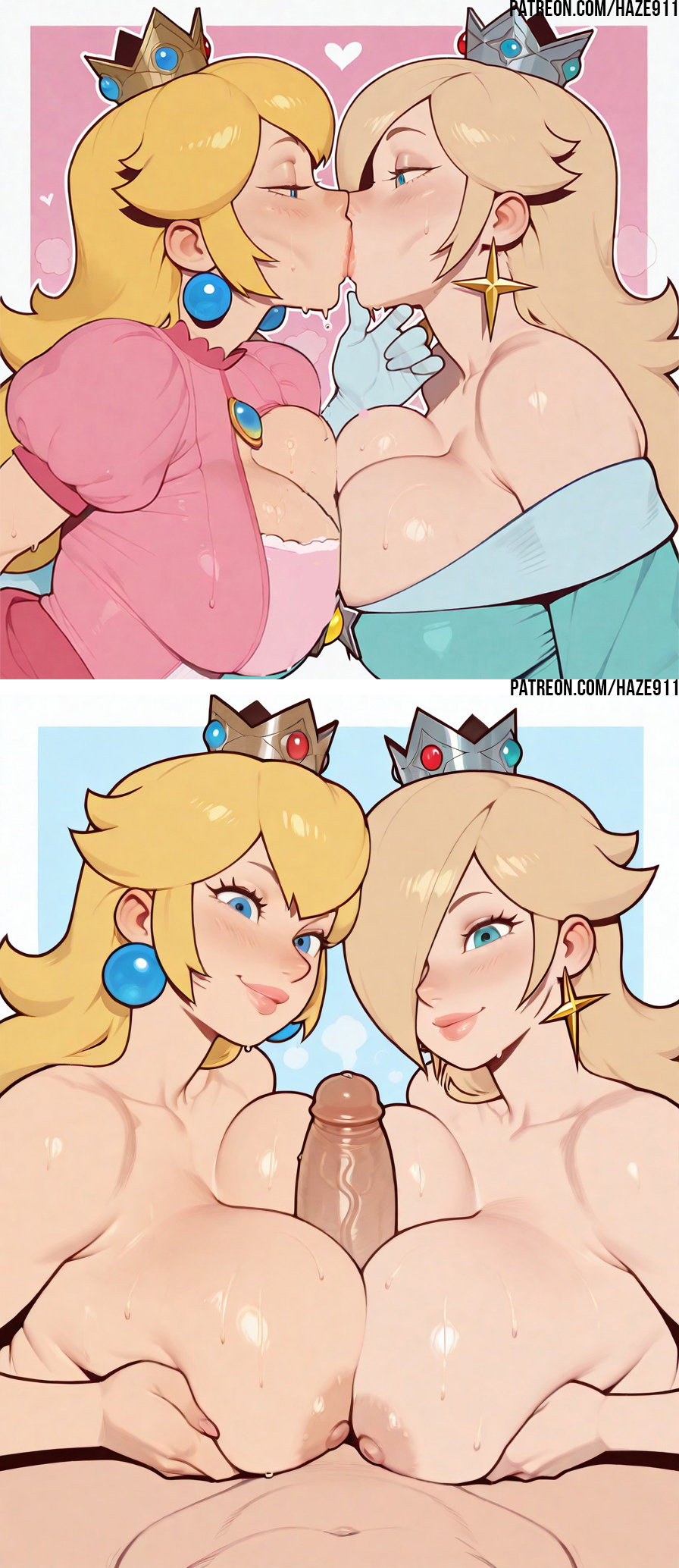 1boy, 1boy2girls, 2girls, ai generated, anonymous male, blonde hair, blue eyes, breast press, breasts, cooperative fellatio, crown, dress, earrings, ffm threesome, generic male, group sex, hair over one eye, haze911, huge breasts, incest, jewelry, kissing, long hair, mario (series), multiple girls, nintendo, nipples, nude, out of frame male, paizuri, penis, pov, princess peach, princess rosalina, self insert, sisters, straight, super mario galaxy, threesome