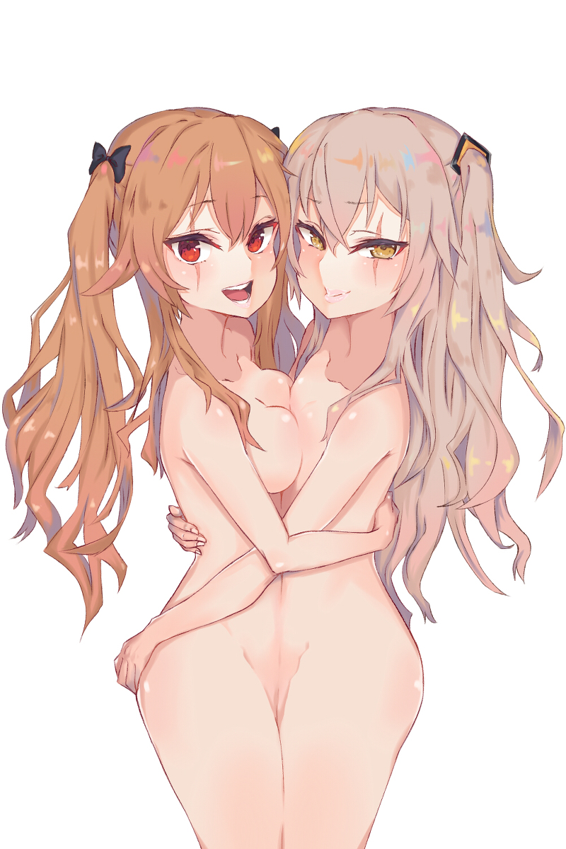 2girls bow breasts brown_hair closed_mouth commentary girls'_frontline grey_hair hair_ornament highres hug jokarara multiple_girls nude open_mouth red_eyes silver_hair small_breasts teeth tongue twintails ump45_(girls'_frontline) ump9_(girls'_frontline) yellow_eyes yuri