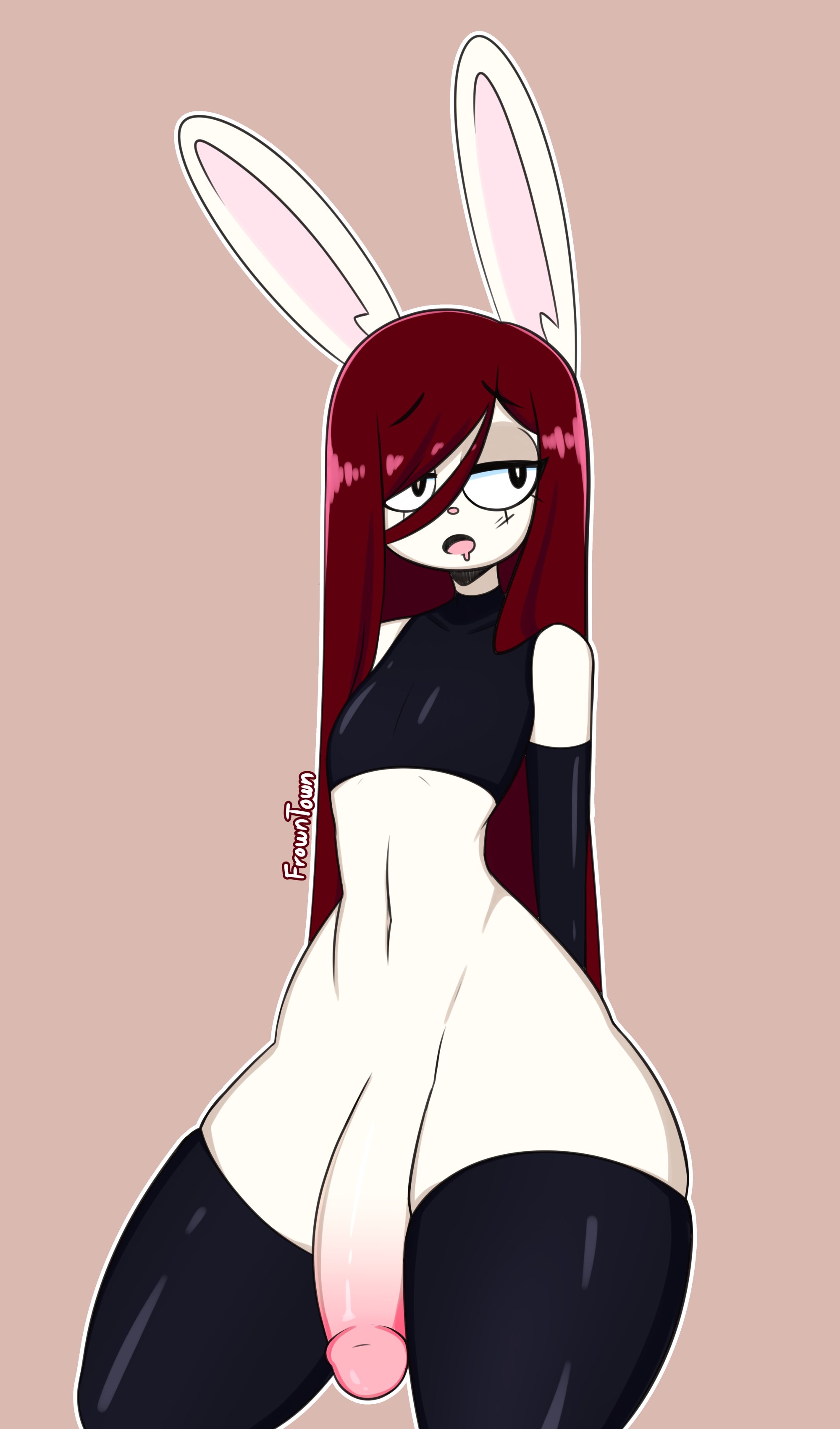 1boy, animal ears, anthro, bedroom eyes, benni (frowntown), big penis, bottom heavy, bunny ears, curvy figure, drooling, elbow gloves, femboy, flaccid, frowntown, girly, gloves, half-closed eyes, hung trap, large penis, latex gloves, latex thighhighs, long hair, male, male only, original, penis, red hair, solo, standing, thick thighs, thigh gap, thighhighs, thighs, white body, wide hips