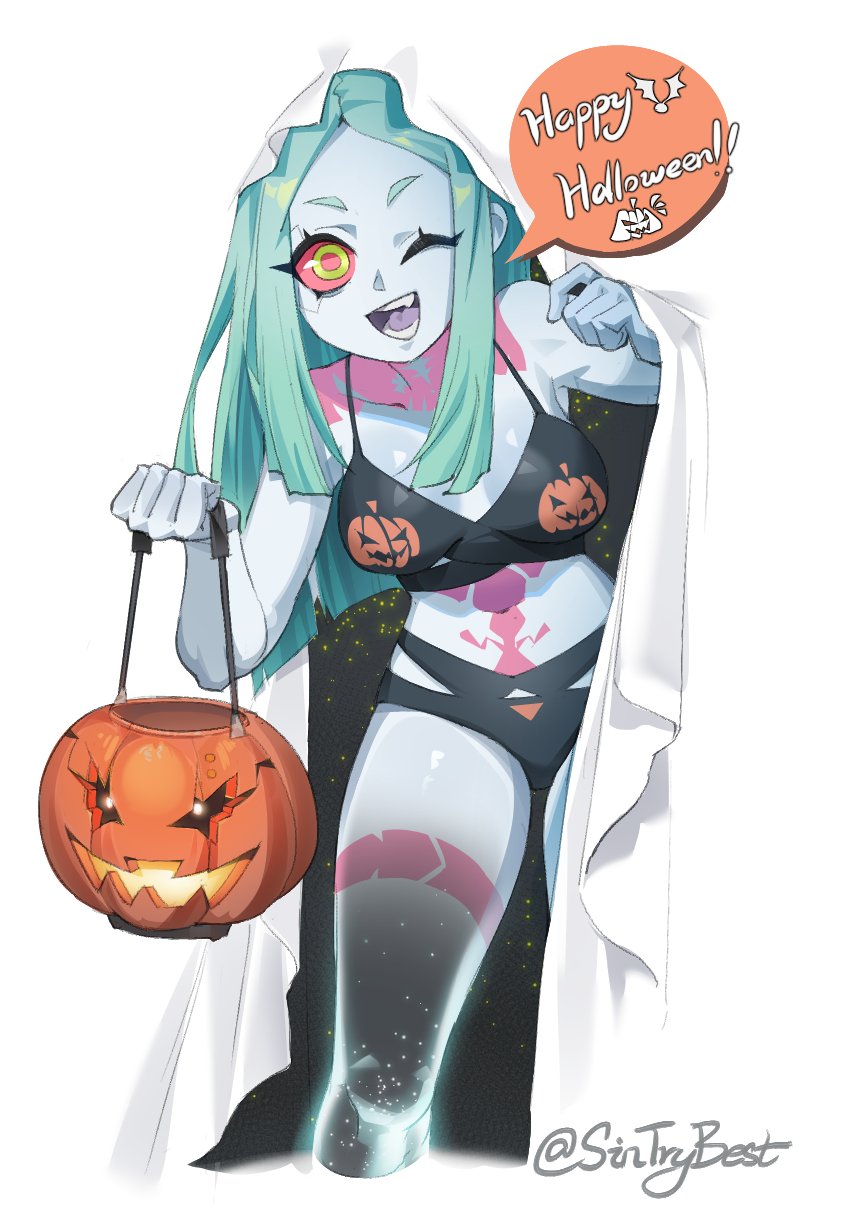 1girls, bat (animal), bedsheet ghost, bikini, blue hair, colored sclera, cyberpunk (series), cyberpunk: edgerunners, english text, female, ghost costume, green eyes, halloween, halloween bucket, highres, human, one eye closed, open mouth, outerwear, pale skin, pumpkin, rebecca (edgerunners), red sclera, signature, sin (sintrybest), sintrybest, sky, smile, solo, star (sky), starry sky, swimsuit, tank top, tattoo, thick thighs, thighs, tomboy, white background