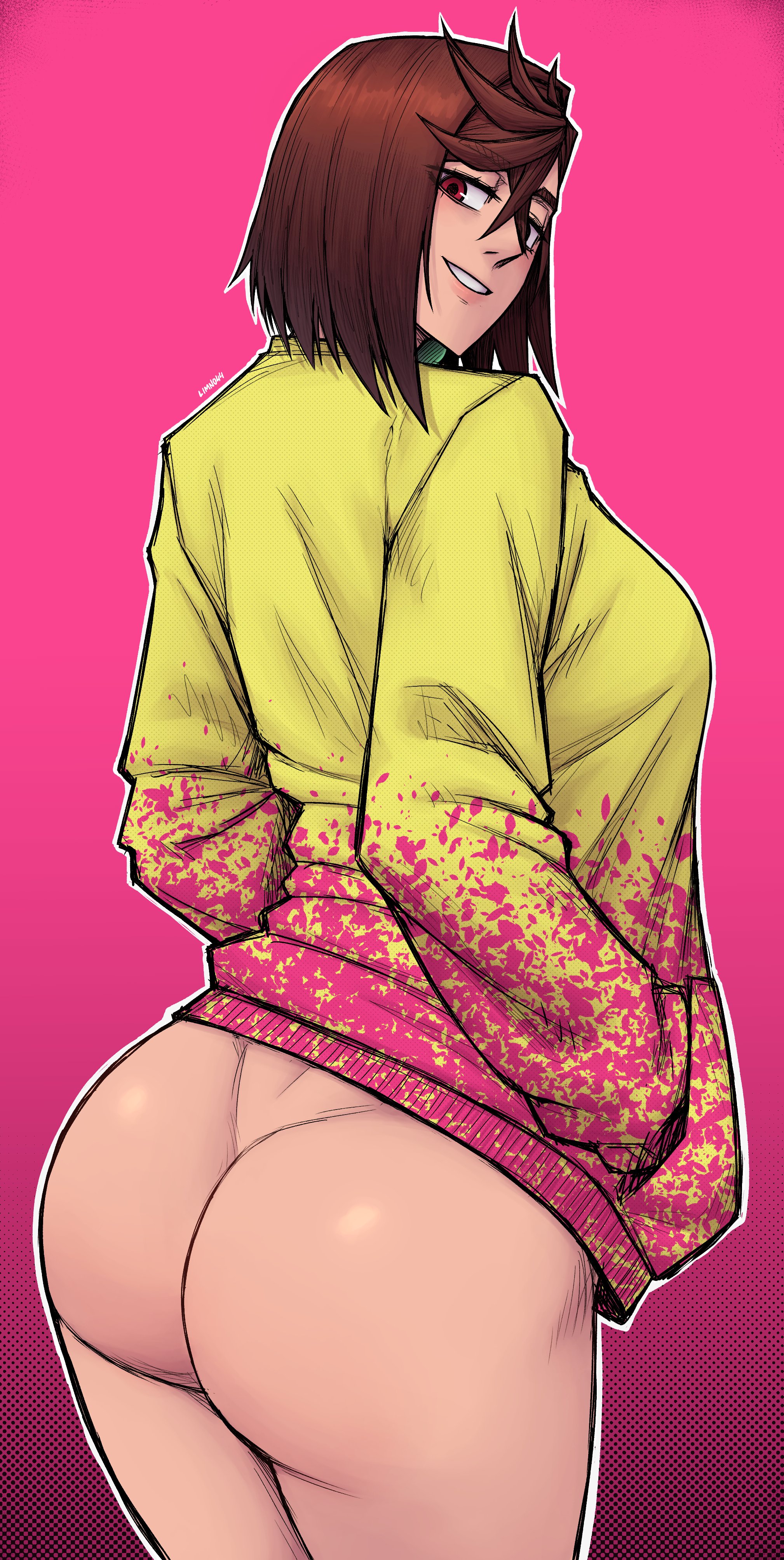 1girls, ass, ayase momo, bare ass, big ass, bottomless, breasts, brown hair, dandadan, exposed ass, female, female only, gyaru, hair, huge ass, limn044, looking back, pink background, red eyes, shirt, shirt only, short hair, smile, solo, solo female, thighs, topwear, yellow shirt