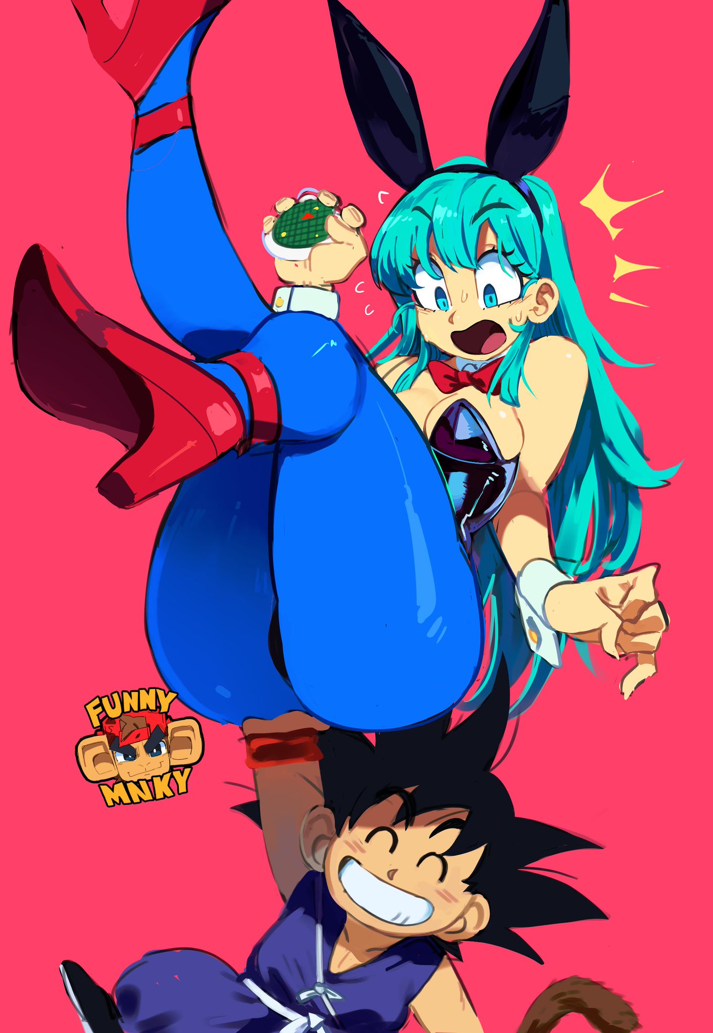 1boy, 1girls, ass, blue hair, bulma briefs, bunny ears, bunnysuit, dragon ball, dragon ball z, funnismonkis, funny, goku, large ass, open mouth, screaming, son goku, son goku (young)