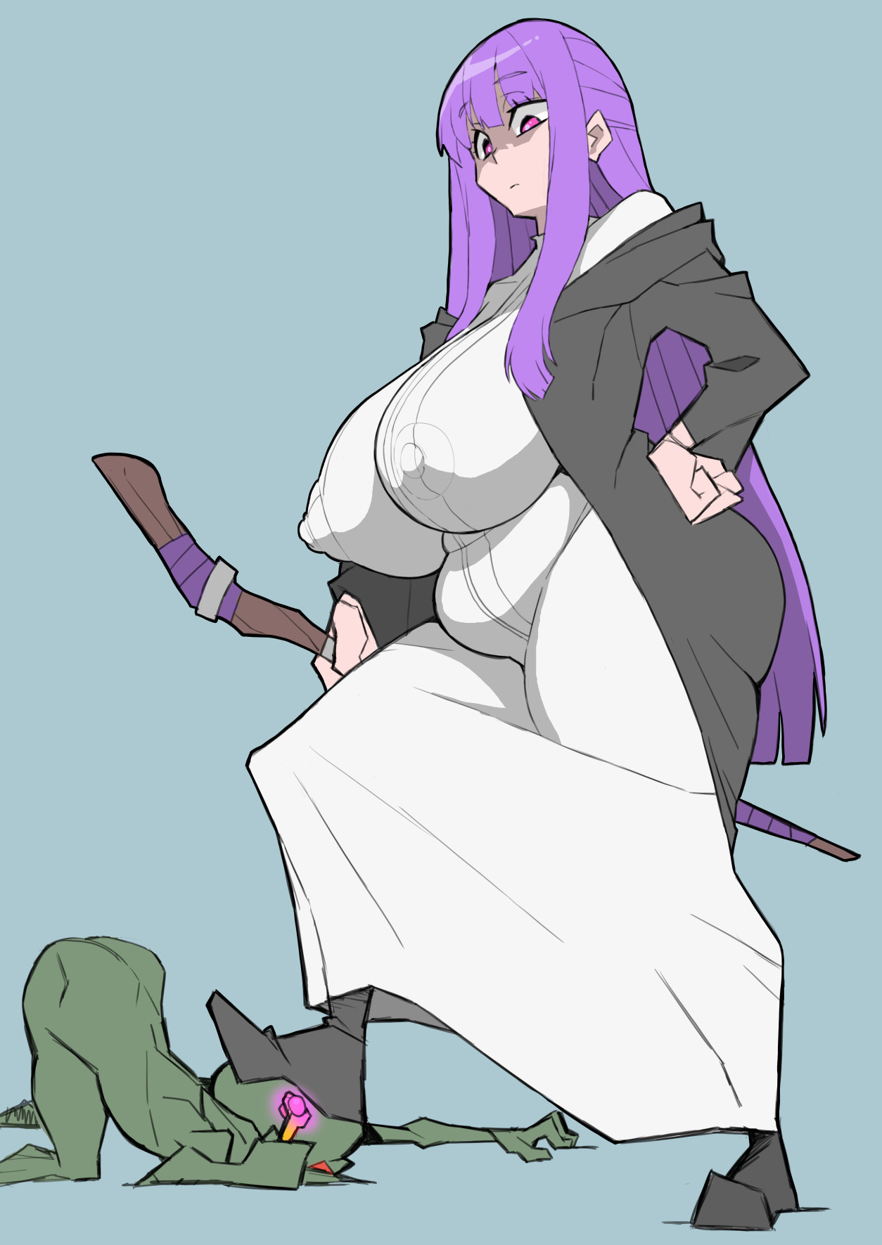 1boy, 1girl, 2026, bbw, belly, big ass (female), big breasts, big butt, chubby, chubby female, clothed, clothing, coat, defeated villain, duo, emotionless, female, fern (sousou no frieren), glowing, goblin, goblin male, green skin, grey background, hi res, highres, imminent transformation, imp, long hair, long-haired female, lying on floor, magic wand, monster, nikujuu uc, nipples visible through clothing, pink eyes, purple hair, red eyes, simple background, size difference, sousou no frieren, staff, stepping on head, voluptuous