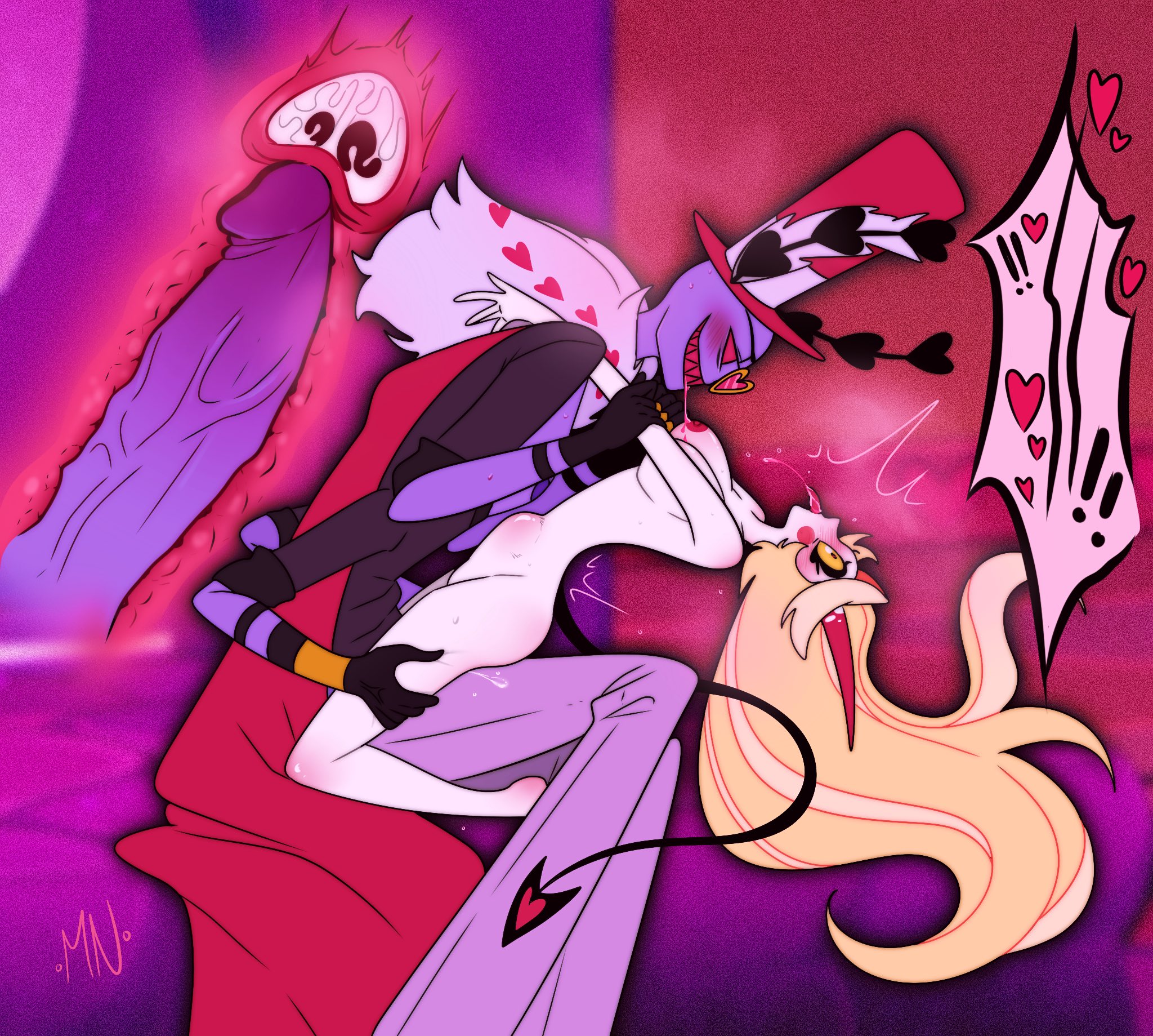 ahe gao, charlie morningstar, charlie morningstar (hazbin hotel), clothed male, cowgirl position, cum, cum in pussy, cum inside, demon, demon boy, demon girl, demon horns, female, hazbin hotel, hetero, large ass, large breasts, large penis, male, mister nebulous, naked, naked female, valentino (hazbin hotel), x-ray