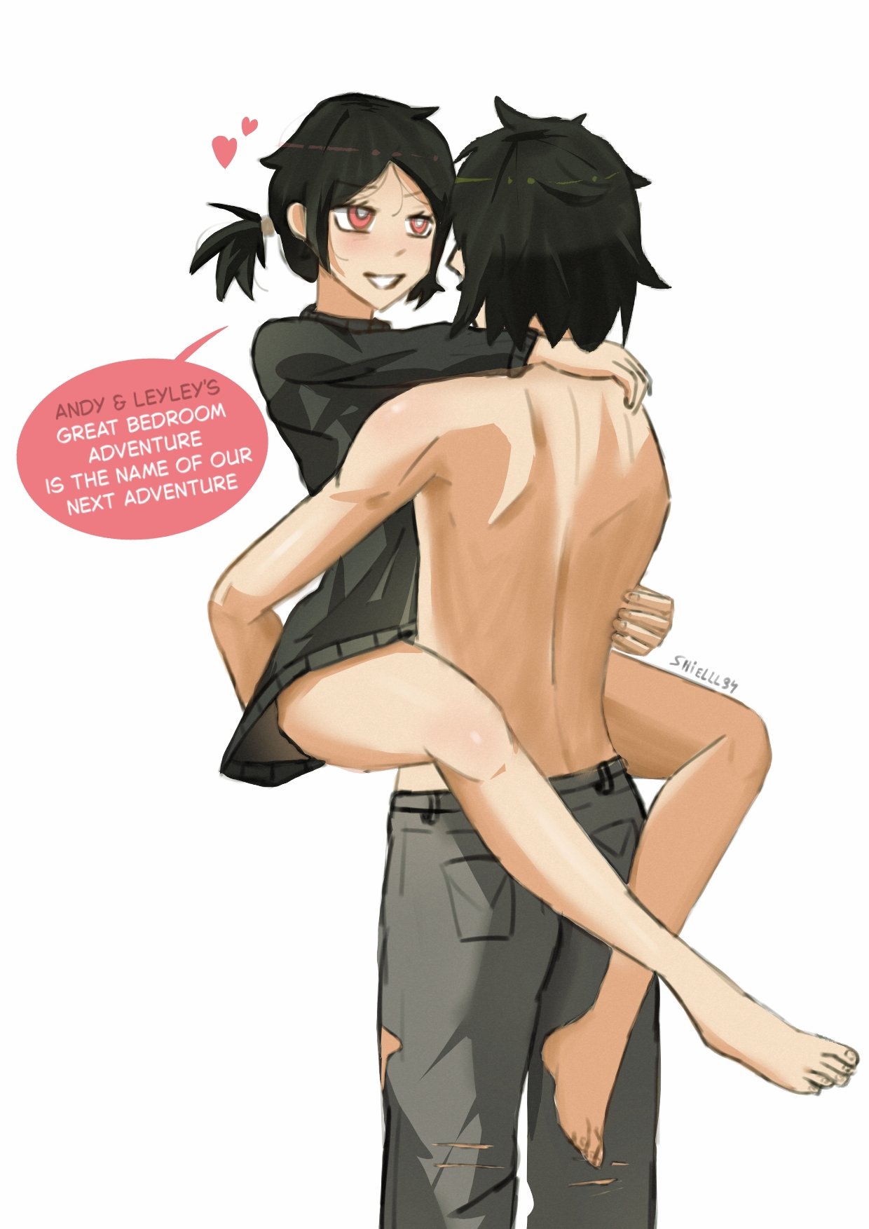 1boy, 1girls, 2d, alternate version available, andrew graves, ashley graves, ass grab, black hair, blush, brother and sister, carrying, carrying partner, couple, dialogue, embrace, english text, eye contact, female, hug, hugging, incest, leg lock, legs, legs wrapped around partner, looking at another, looking at partner, male, oversized clothes, pink eyes, ponytail, shielll34, siblings, straight, the coffin of andy and leyley, topless, wearing others clothes