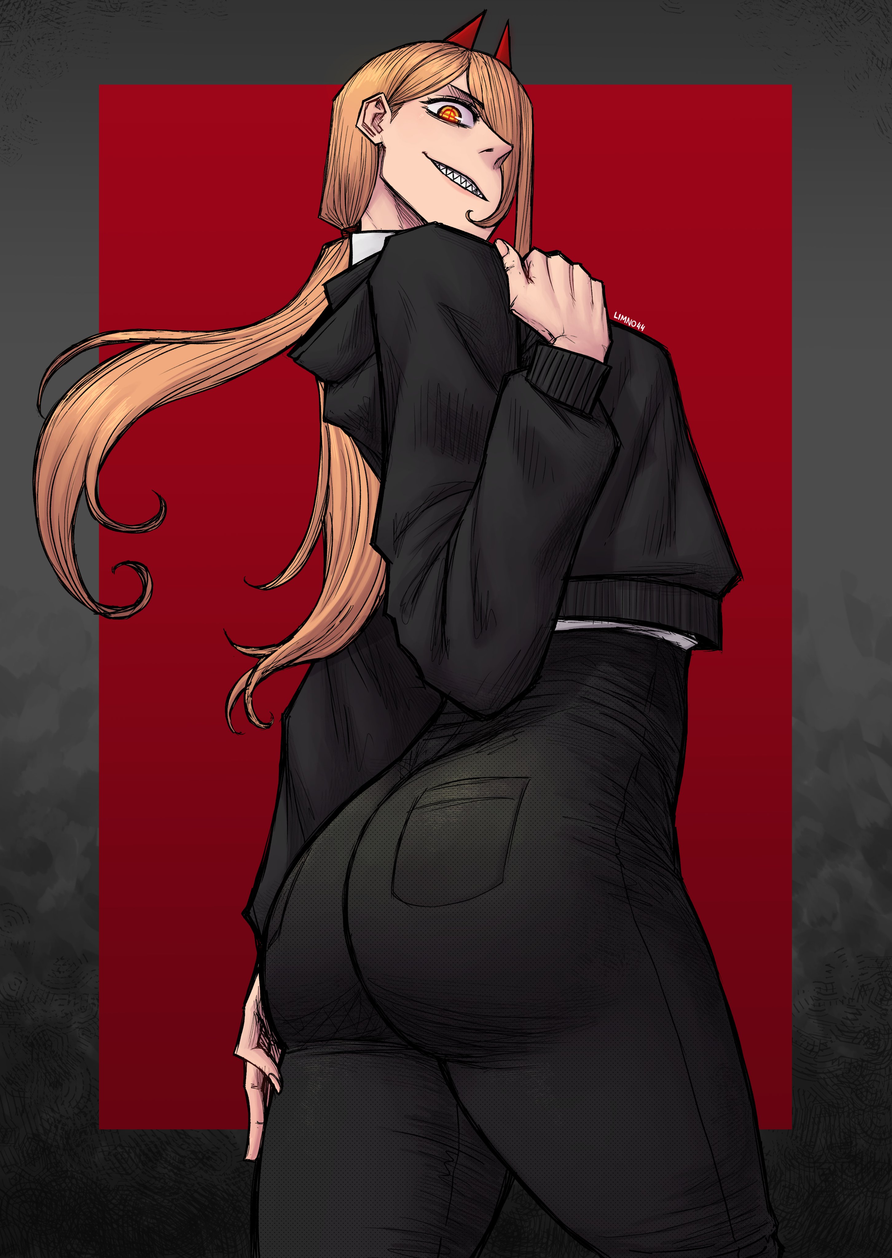1girls, ass, ass focus, back, back view, big ass, black pants, blonde hair, bottomwear, chainsaw man, clothing, demon, demon girl, demon horns, female, female only, hair, horns, jacket, limn044, pants, power (chainsaw man), sharp teeth, solo, solo female, thighs, topwear, twintails, yellow eyes