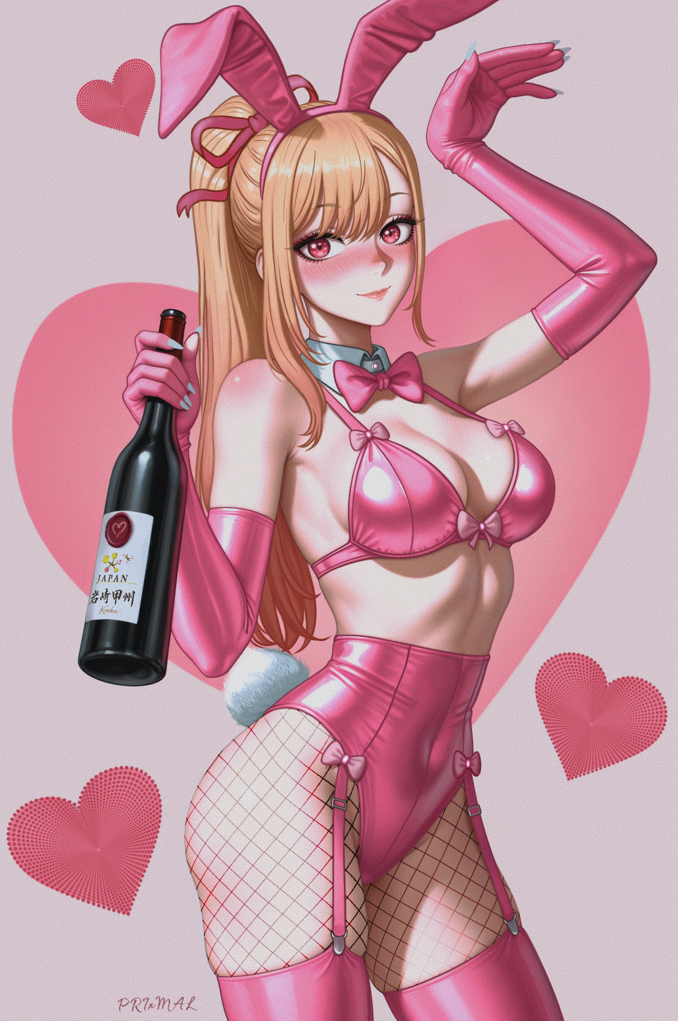 1girls, adorable, artist signature, belly button, big breasts, blonde female, blonde hair, blush, blushing at viewer, blushing female, bottle, bow, bow tie, bra, bunny costume, bunny ears, bunny tail, bunnysuit, elbow gloves, eyelashes, eyeshadow, female, female focus, female only, fishnets, fur, garter belt, garter straps, gloves, heart, high ponytail, high resolution, highres, hot, kitagawa marin, latex clothing, latex gloves, latex stockings, lingerie, long nails, makeup, marin kitagawa, midriff, my dress up darling, navel, pink bra, pink bunny ears, pink bunnysuit, pink eyes, prixmal, ribbon in hair, sake, sexy, sexy body, sexy clothing, sexy female, sexy pose, shoulders, smile, stockings, thick ass, thick thighs, tied hair, white nails