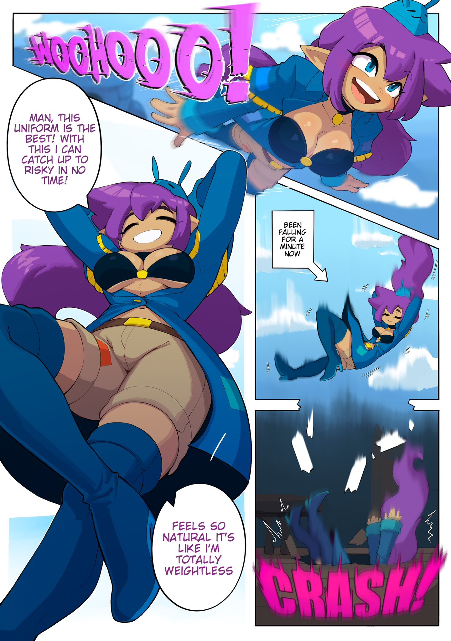 1girls, big breasts, blue jacket, comic, comic page, english text, falling, female, female only, nudiedoodles, shantae, shantae (character), solo, tagme, text, text bubble