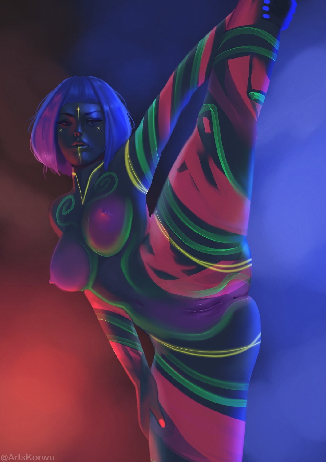 1girls, body paint, cyberpunk, dancer, female, female focus, female only, fluorescent light, highres, hologram, korwuarts, looking at viewer, presenting, presenting anus, presenting pussy, purple hair, pussy, solo, solo female