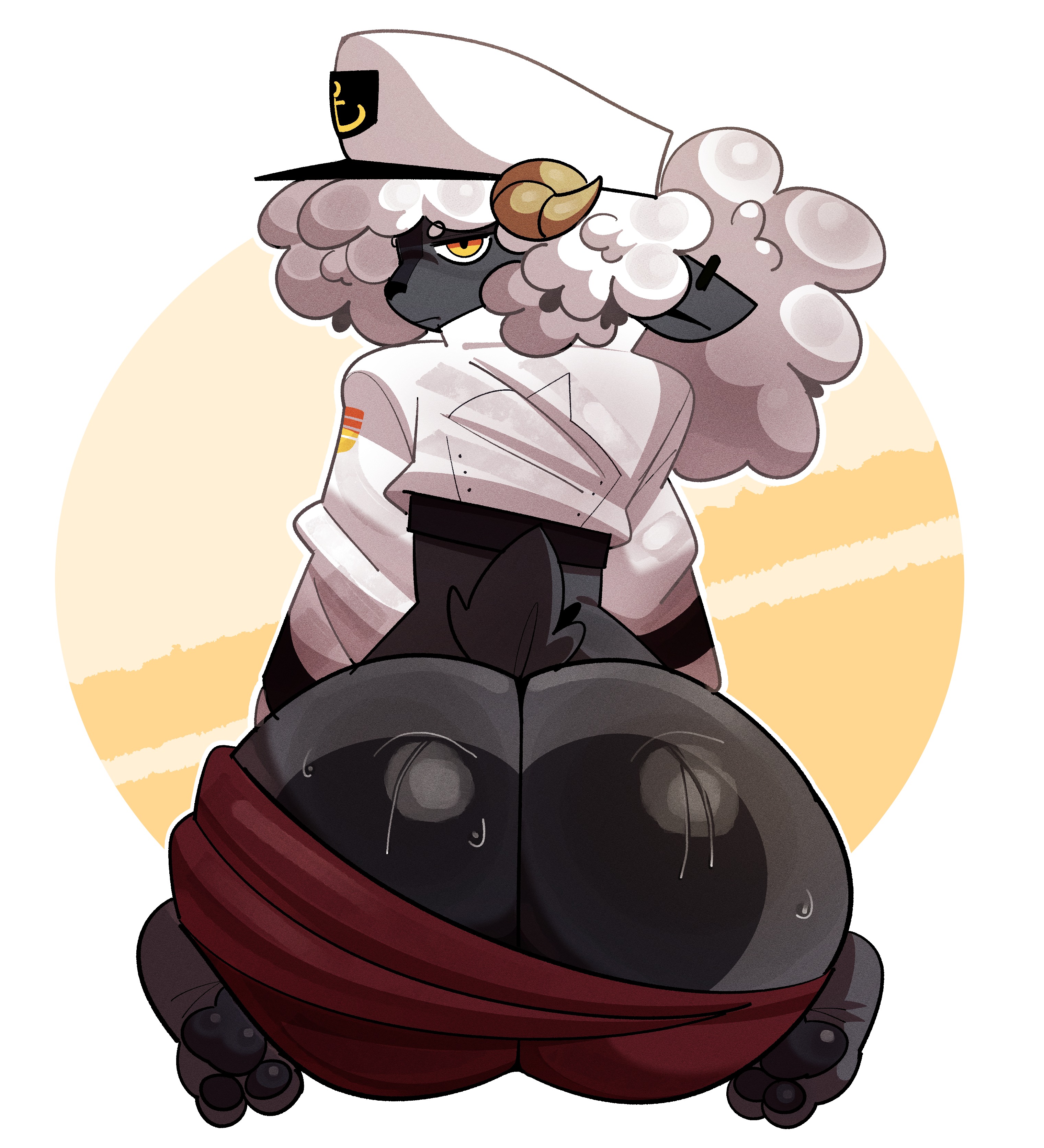 absurd res, annoyed, anthro, ass, big butt, bodily fluids, bovid, caprine, clothing, curvy figure, feet, glistening, hi res, horn, huge butt, looking at viewer, looking back, majora31, majora317840, majoralol2, male, mammal, pawpads, presenting, sauce (sheep), sheep, sitting, solo, sweat, sweaty butt