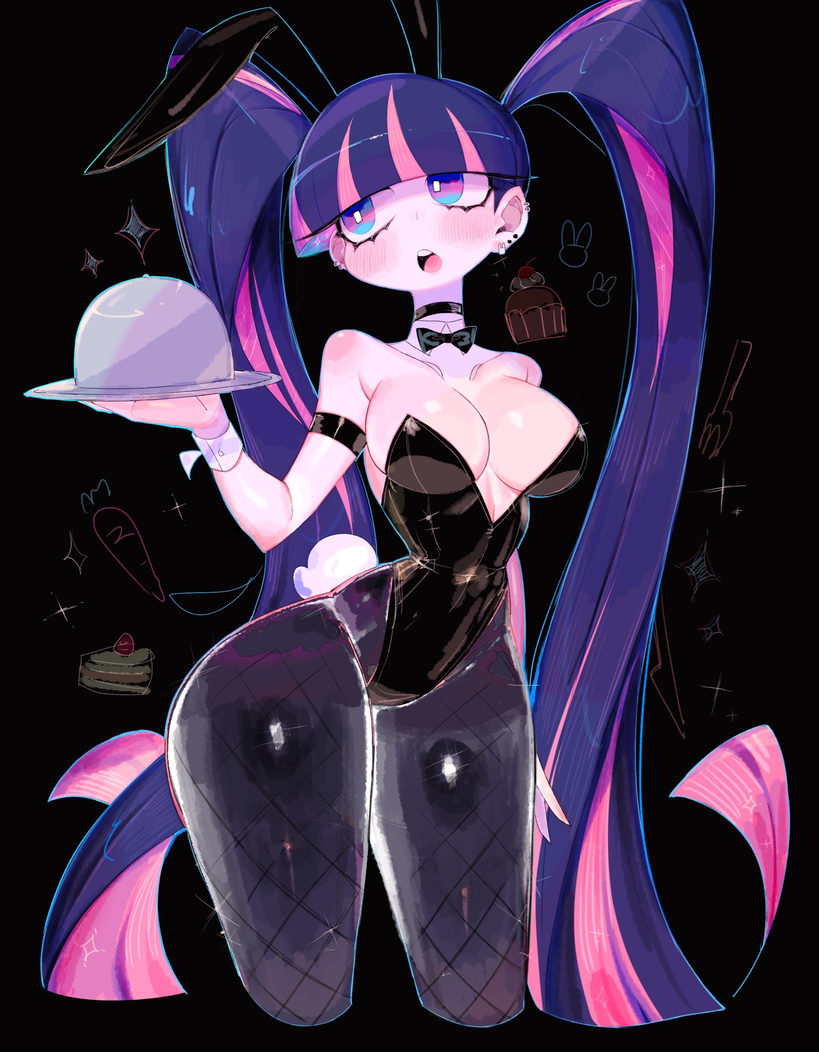 anime style, bunny ears, bunny girl, cute, dessert, fish tail design, glossy outfit, latex clothing, long hair, original character, pink highlights, purple hair, serving tray, stylized, thigh high boots, twin tails, usa37107692, waitress