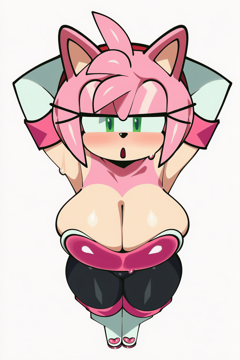 ai generated, amy rose, awooga, blush, bursting breasts, embarrassed, female only, from above, huge breasts, kimmythefem, rouge the bat (cosplay), slim waist, solo, sonic (series), sonic the hedgehog (series), thick thighs, wide hips