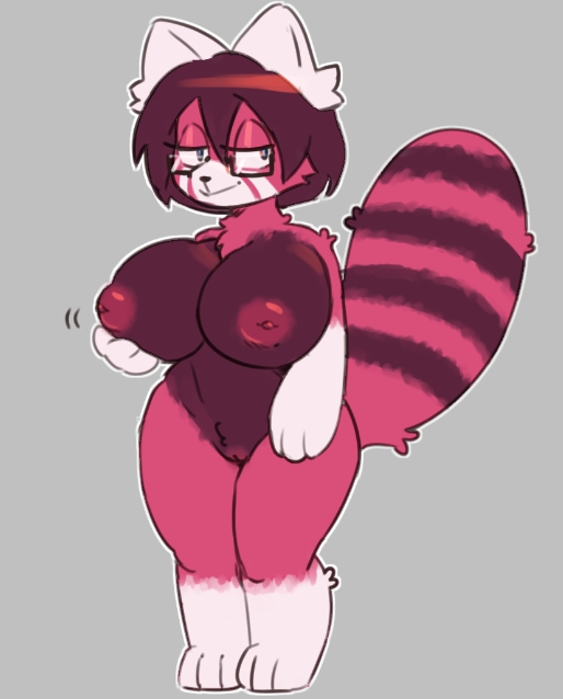 ailurid areola big_breasts black_body black_fur breast_grab breasts eyewear female fluffy fluffy_tail fur glasses hand_on_breast imaaahorny kirli mammal nude paws pink_body pink_fur red_panda shortstack solo thick_thighs white_body white_fur