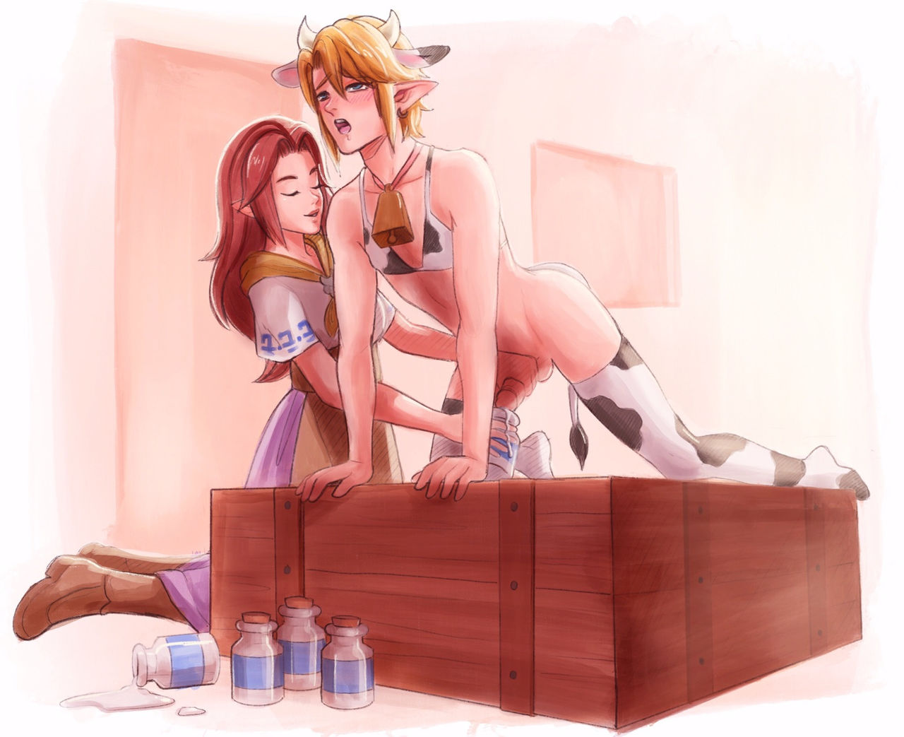 1boy 1girls all_fours bikini blonde_hair bottle canon_crossdressing clothing cow_ears cow_horns cow_print cow_tail cowbell cremia crossdressing crossdressing_male cum dress femboy femboy_milk femboy_on_female femboysub femdom handjob hetero hylian katamak link link_(ocarina_of_time) looking_pleasured majora's_mask male/female malesub malon milking nintendo ocarina_of_time on_table penis penis_milking pointy_ears possumdaddi straight the_legend_of_zelda thighhighs trap