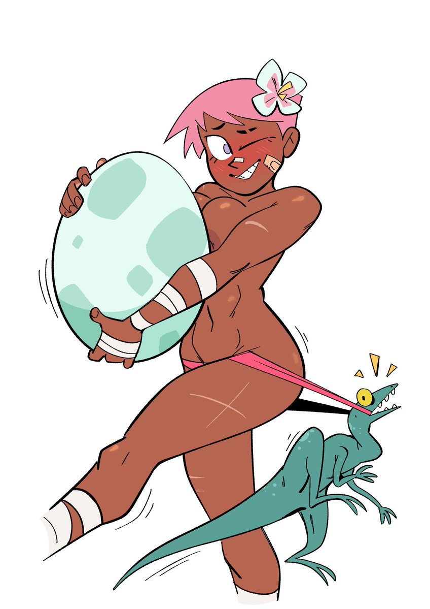 1girls, ankle wraps, arm wraps, blush, breasts, dark skin, dark-skinned female, dinosaur, egg, embarrassed, female, flower in hair, hair flower, hand wraps, herny, nia (herny), nose bandage, panties, pink hair, pink shorts, poccosins, pulling panties, scar, scars, short hair, toned, toned female, topless